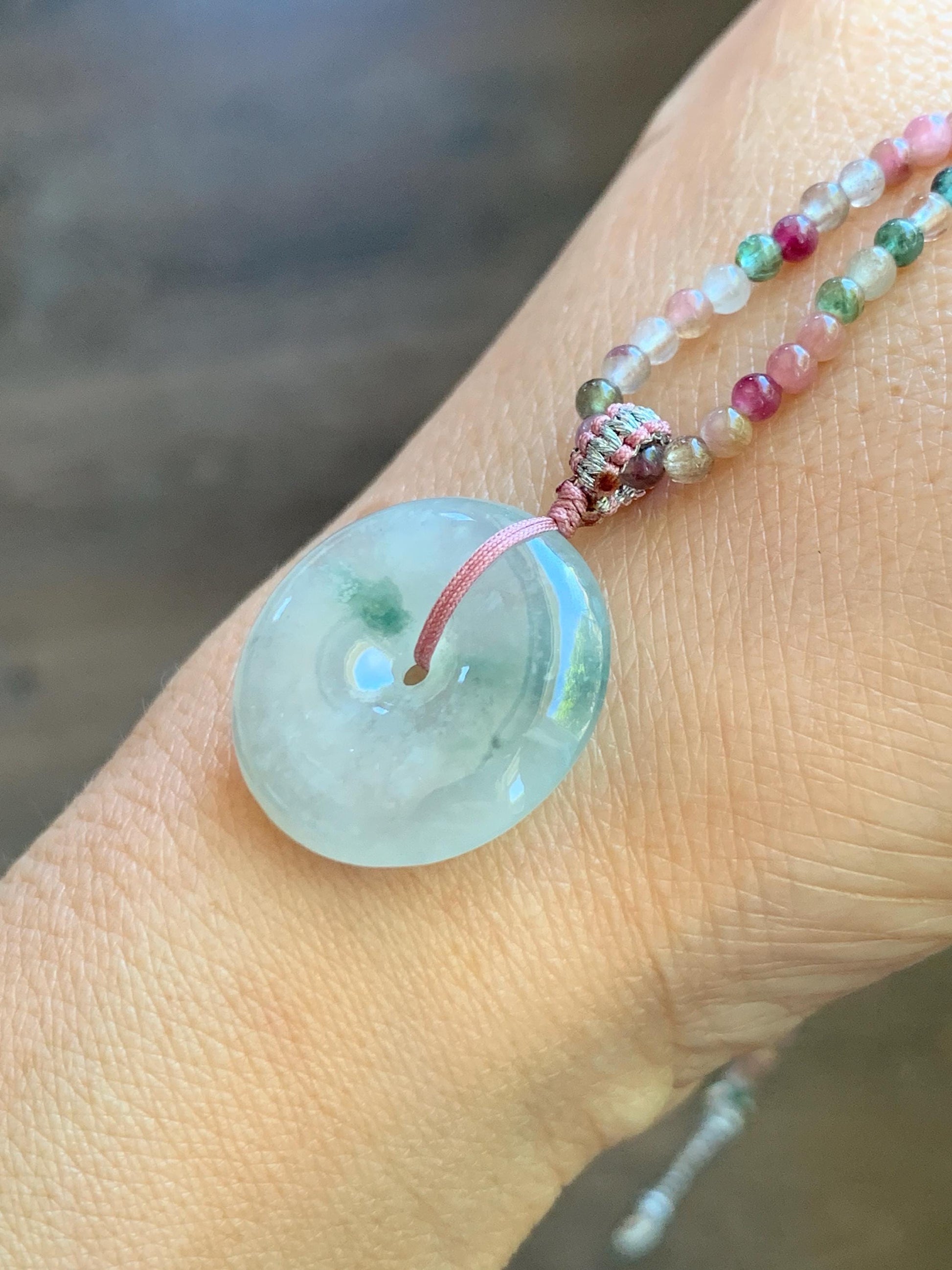 Certified Grade A Natural Icy White Jade Jadeite Ping An Kou Donut Pendant Natural Tourmaline Beaded Necklace 16”-17” 天然正白冰飘花翡翠平安扣吊坠碧玺项链 254