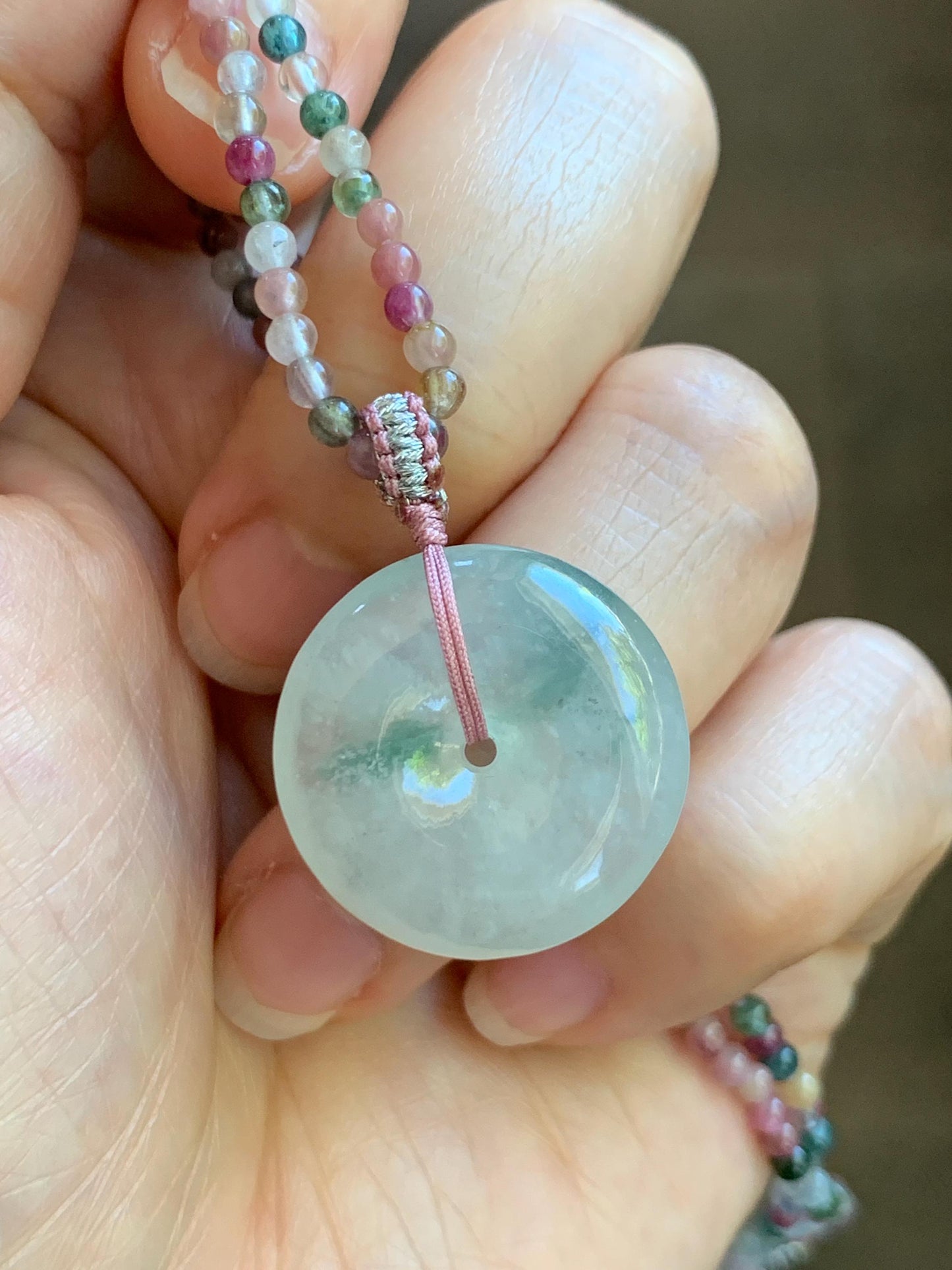 Certified Grade A Natural Icy White Jade Jadeite Ping An Kou Donut Pendant Natural Tourmaline Beaded Necklace 16”-17” 天然正白冰飘花翡翠平安扣吊坠碧玺项链 254