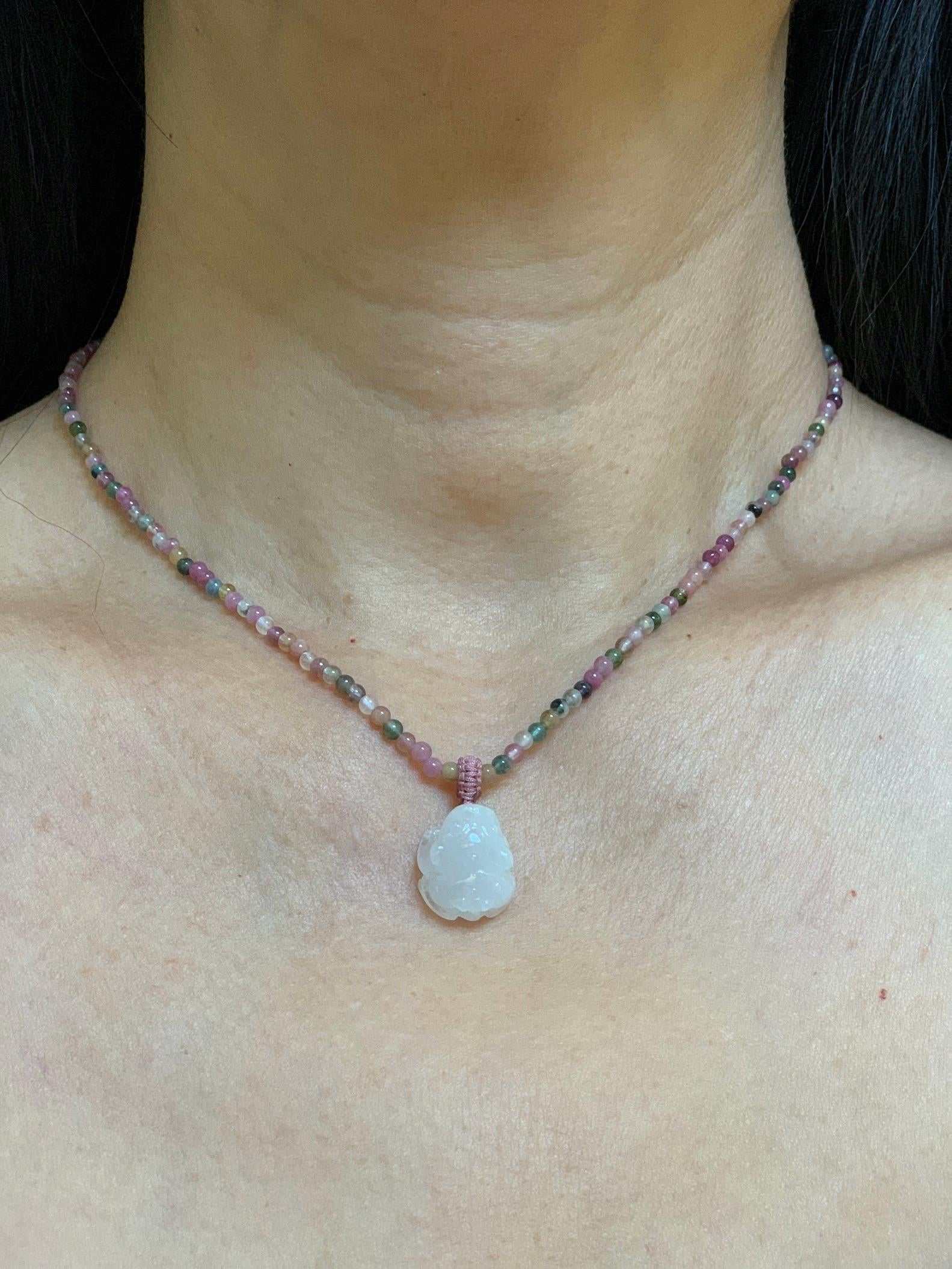 Grade A Natural Icy White Jade Jadeite Petite Pixiu Pendant Natural Multicolored Tourmaline Beaded Necklace 16”-17” 8g 天然白冰翡翠貔貅吊坠碧玺项链 MPB200