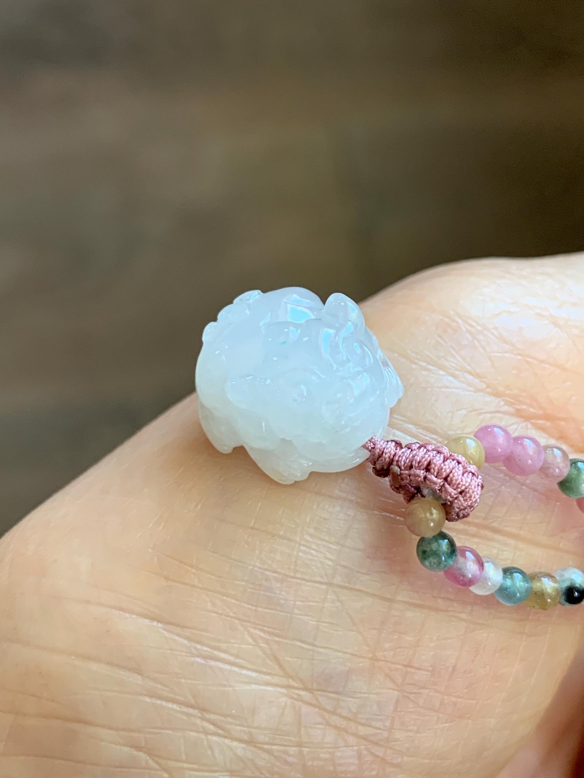 Grade A Natural Icy White Jade Jadeite Petite Pixiu Pendant Natural Multicolored Tourmaline Beaded Necklace 16”-17” 8g 天然白冰翡翠貔貅吊坠碧玺项链 MPB200