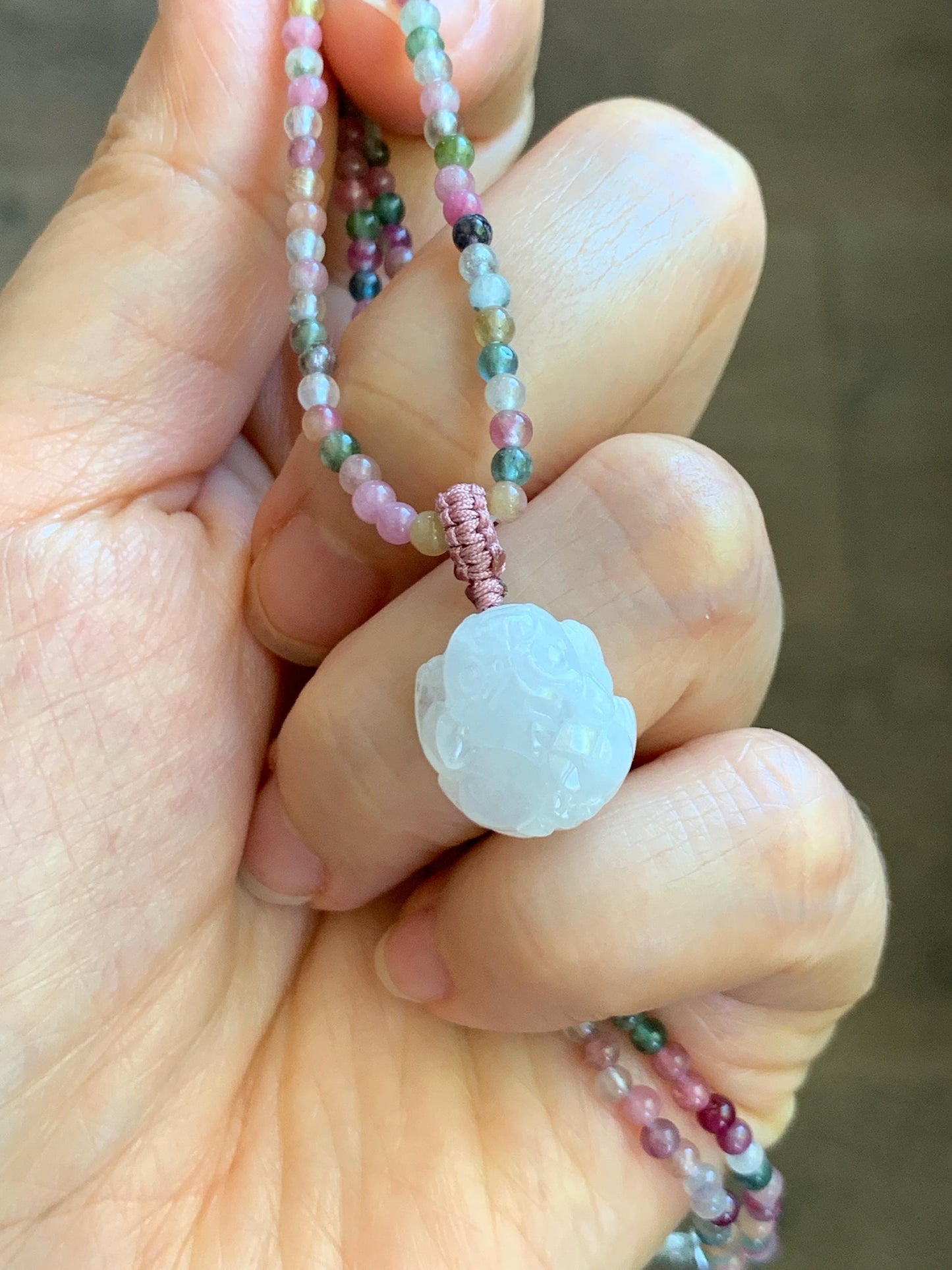 Grade A Natural Icy White Jade Jadeite Petite Pixiu Pendant Natural Multicolored Tourmaline Beaded Necklace 16”-17” 8g 天然白冰翡翠貔貅吊坠碧玺项链 MPB200