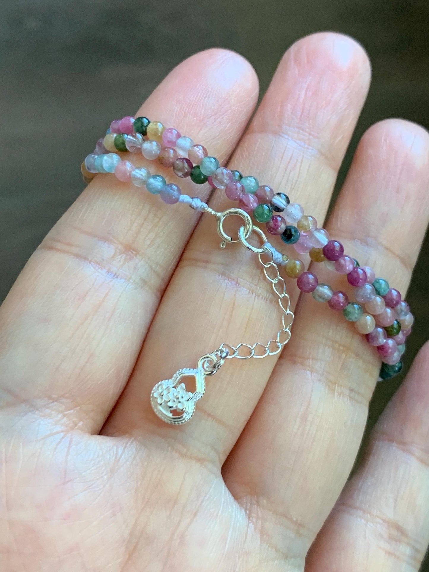 Grade A Natural Icy White Jade Jadeite Petite Pixiu Pendant Natural Multicolored Tourmaline Beaded Necklace 16”-17” 8g 天然白冰翡翠貔貅吊坠碧玺项链 MPB200
