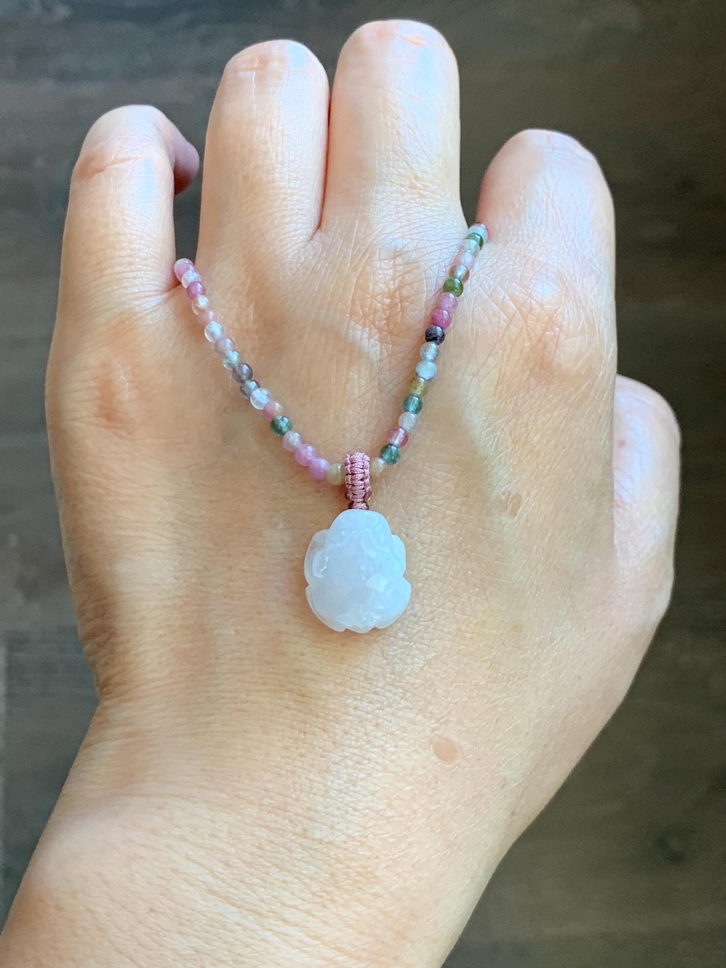 Grade A Natural Icy White Jade Jadeite Petite Pixiu Pendant Natural Multicolored Tourmaline Beaded Necklace 16”-17” 8g 天然白冰翡翠貔貅吊坠碧玺项链 MPB200