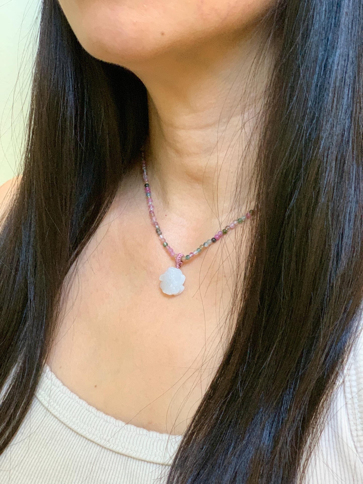 Grade A Natural Icy White Jade Jadeite Petite Pixiu Pendant Natural Multicolored Tourmaline Beaded Necklace 16”-17” 8g 天然白冰翡翠貔貅吊坠碧玺项链 MPB200