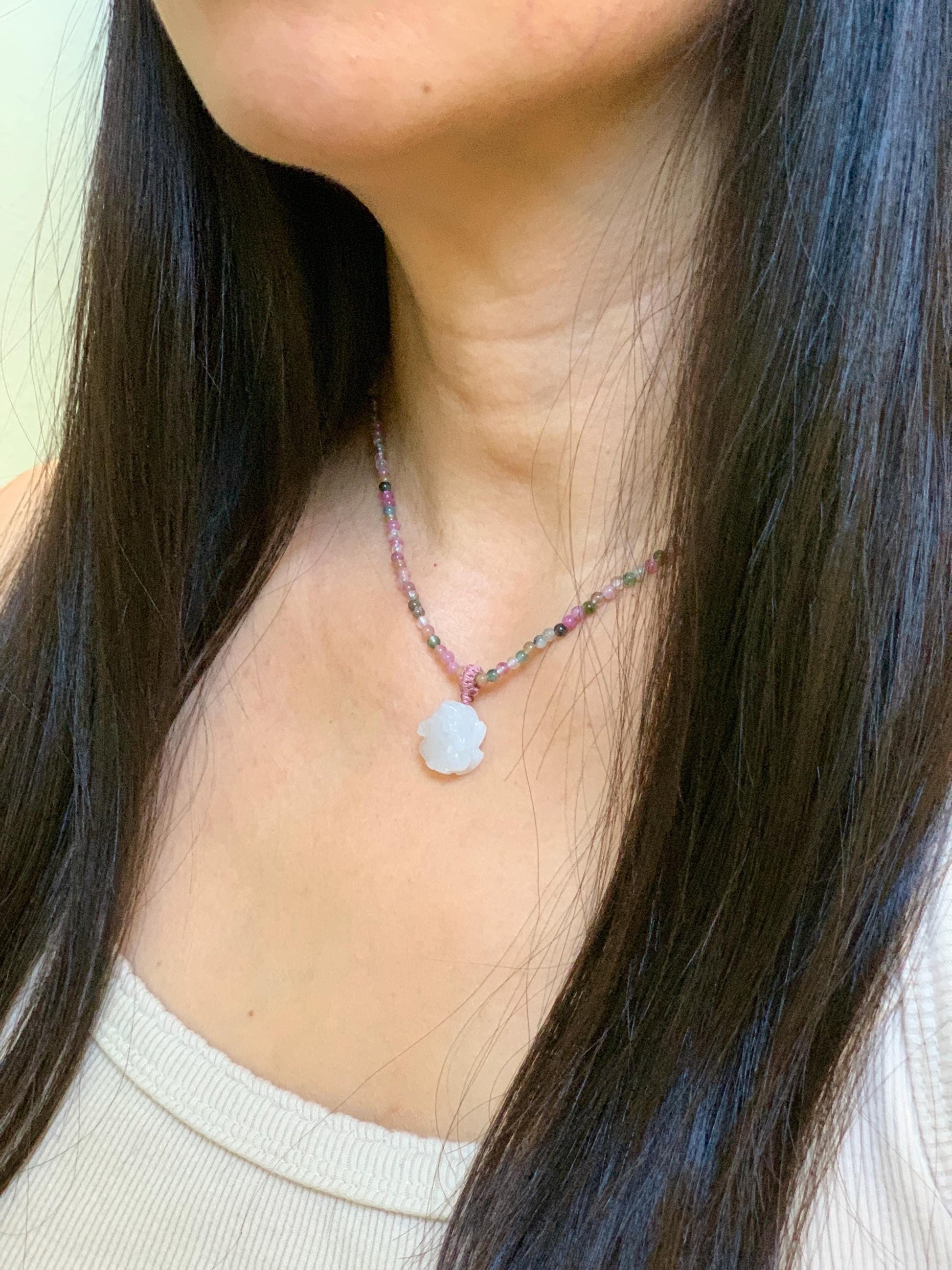 Grade A Natural Icy White Jade Jadeite Petite Pixiu Pendant Natural Multicolored Tourmaline Beaded Necklace 16”-17” 8g 天然白冰翡翠貔貅吊坠碧玺项链 MPB200