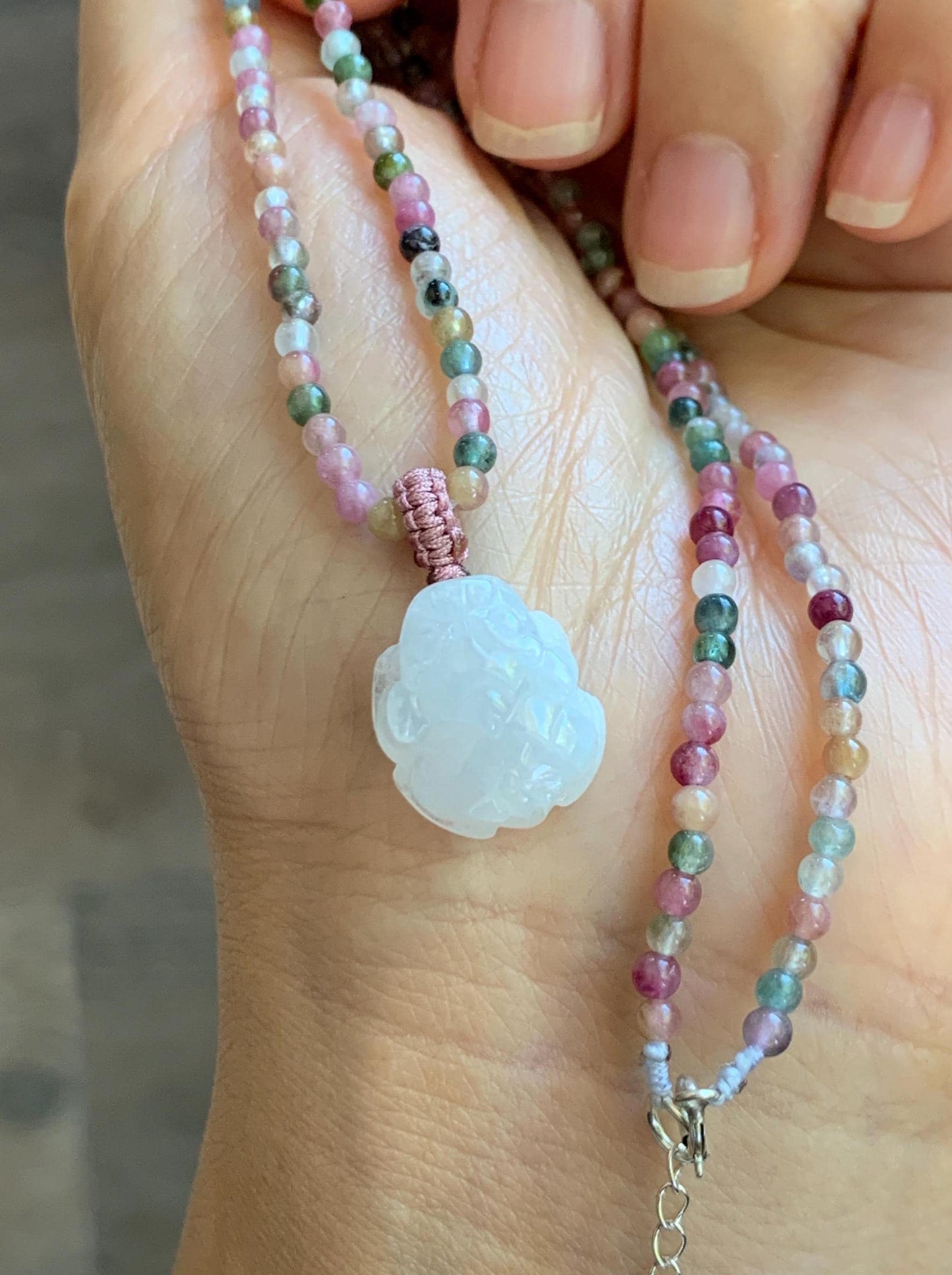 Grade A Natural Icy White Jade Jadeite Petite Pixiu Pendant Natural Multicolored Tourmaline Beaded Necklace 16”-17” 8g 天然白冰翡翠貔貅吊坠碧玺项链 MPB200