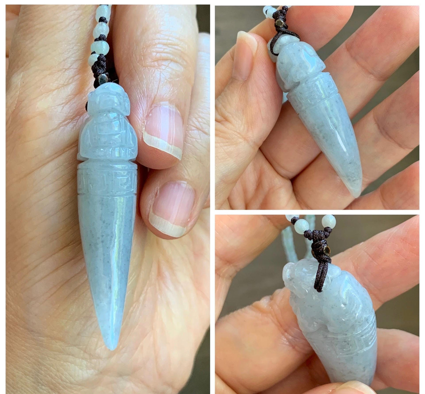 Natural Grade A Icy Translucent Light Gray Wuji Jade Jadeite Pixiu Tooth Pendant Jadeite Beaded Necklace 21.25” 23g 天然冰胶淡乌鸡翡翠貔貅牙吊坠项链 MWP258