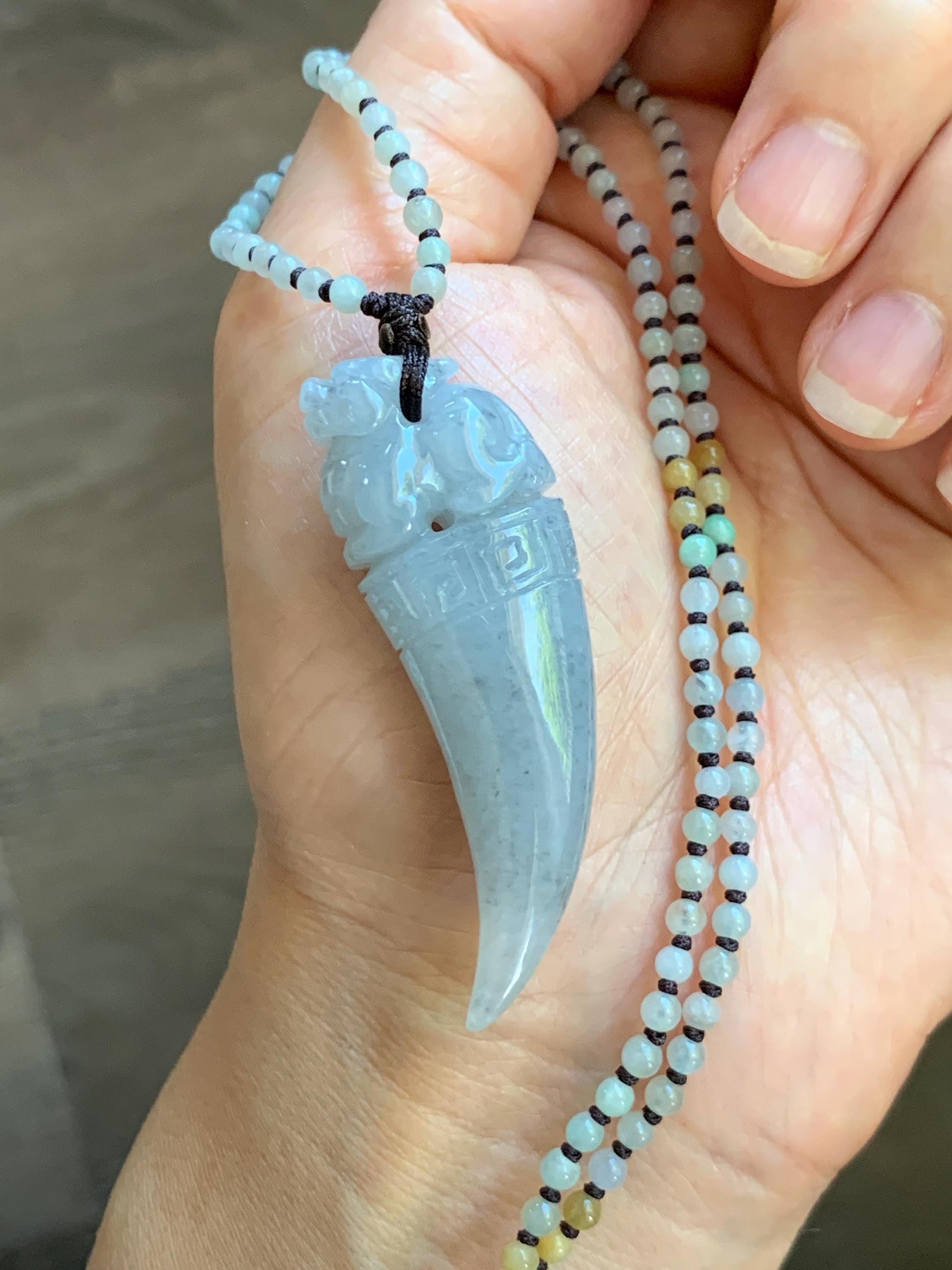 Natural Grade A Icy Translucent Light Gray Wuji Jade Jadeite Pixiu Tooth Pendant Jadeite Beaded Necklace 21.25” 23g 天然冰胶淡乌鸡翡翠貔貅牙吊坠项链 MWP258
