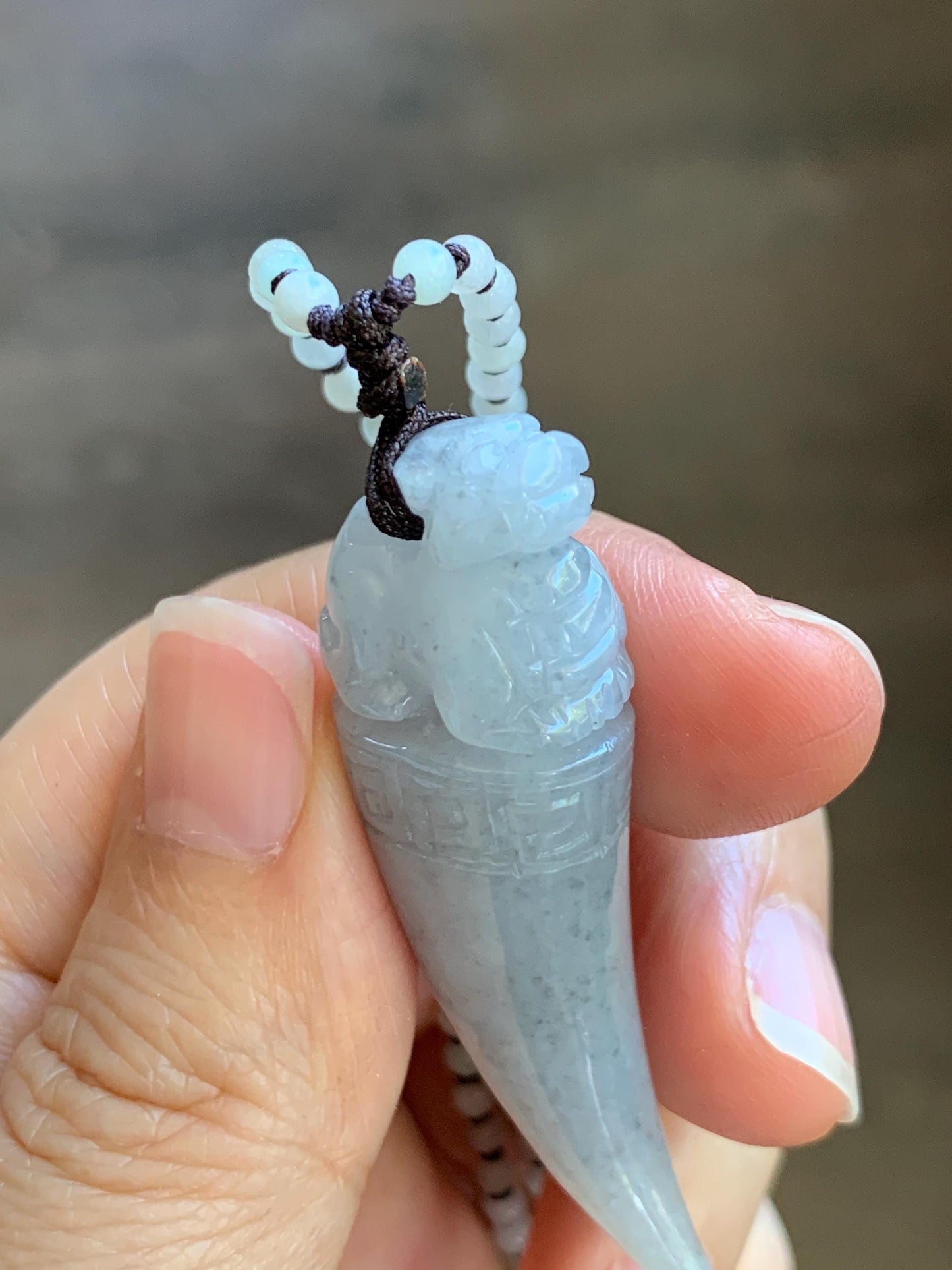 Natural Grade A Icy Translucent Light Gray Wuji Jade Jadeite Pixiu Tooth Pendant Jadeite Beaded Necklace 21.25” 23g 天然冰胶淡乌鸡翡翠貔貅牙吊坠项链 MWP258