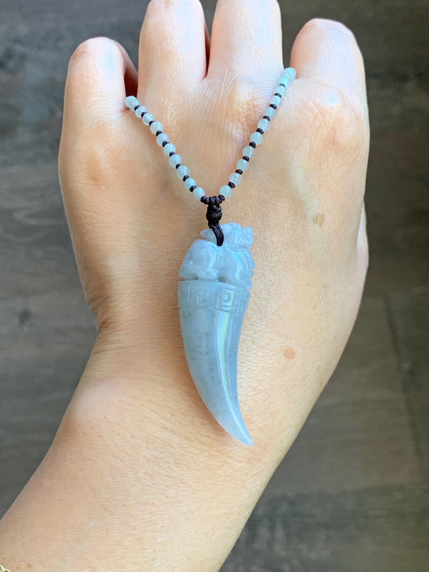 Natural Grade A Icy Translucent Light Gray Wuji Jade Jadeite Pixiu Tooth Pendant Jadeite Beaded Necklace 21.25” 23g 天然冰胶淡乌鸡翡翠貔貅牙吊坠项链 MWP258