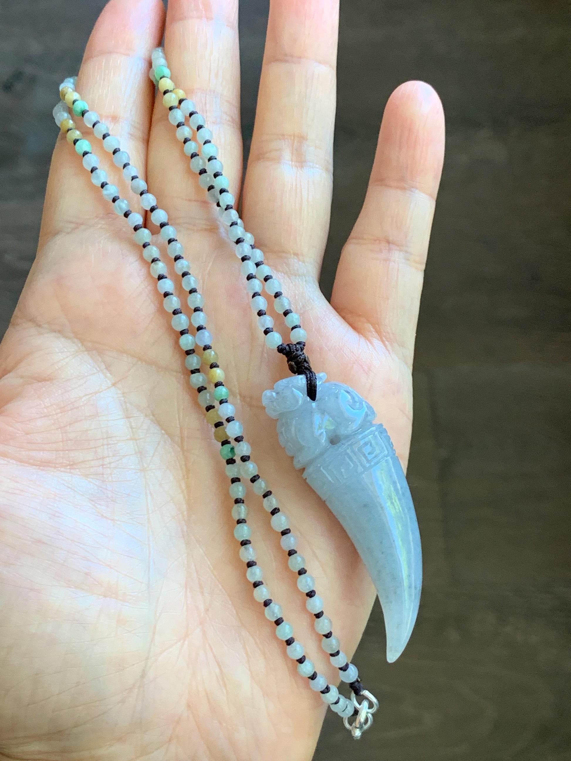 Natural Grade A Icy Translucent Light Gray Wuji Jade Jadeite Pixiu Tooth Pendant Jadeite Beaded Necklace 21.25” 23g 天然冰胶淡乌鸡翡翠貔貅牙吊坠项链 MWP258