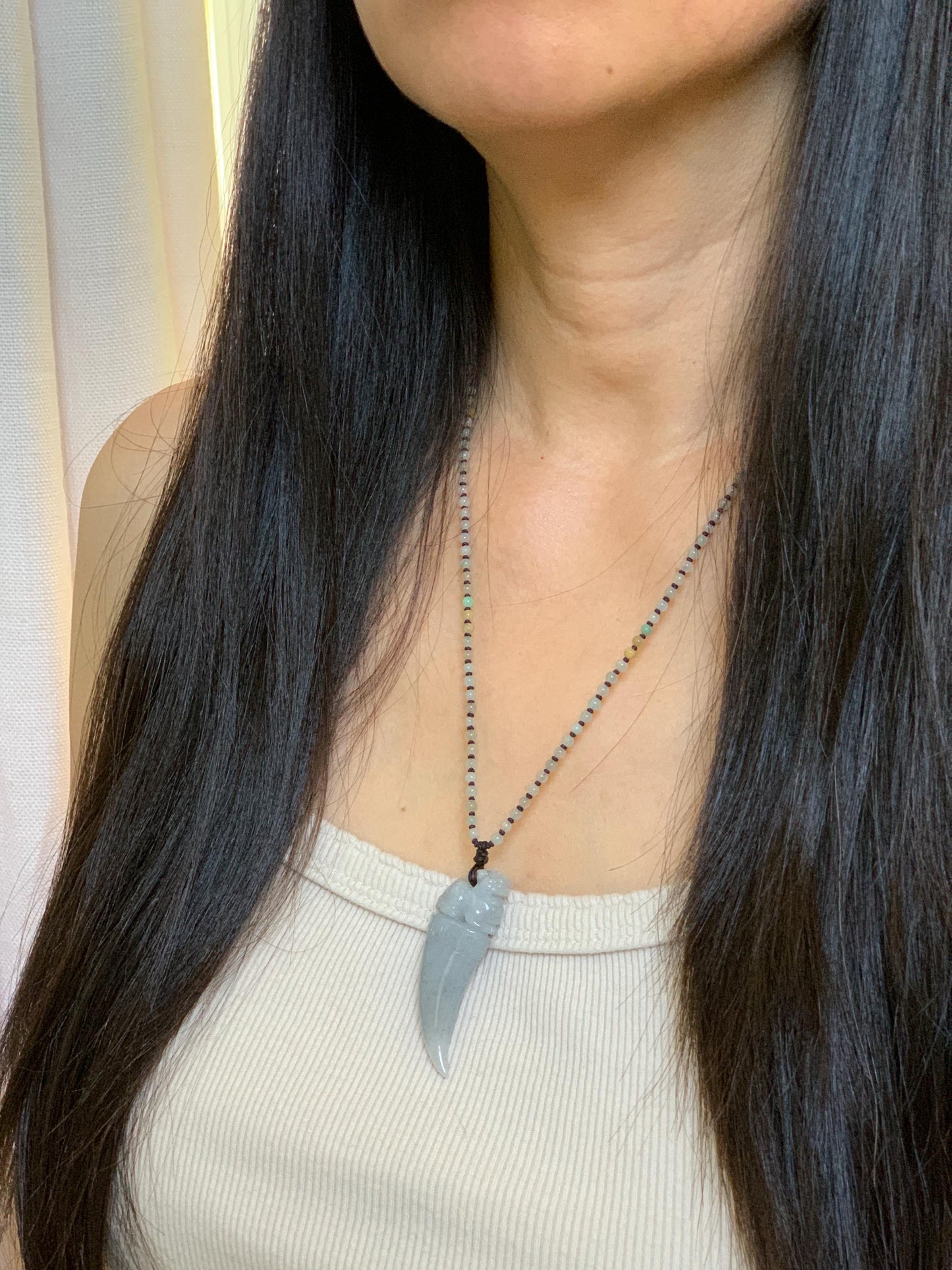 Natural Grade A Icy Translucent Light Gray Wuji Jade Jadeite Pixiu Tooth Pendant Jadeite Beaded Necklace 21.25” 23g 天然冰胶淡乌鸡翡翠貔貅牙吊坠项链 MWP258