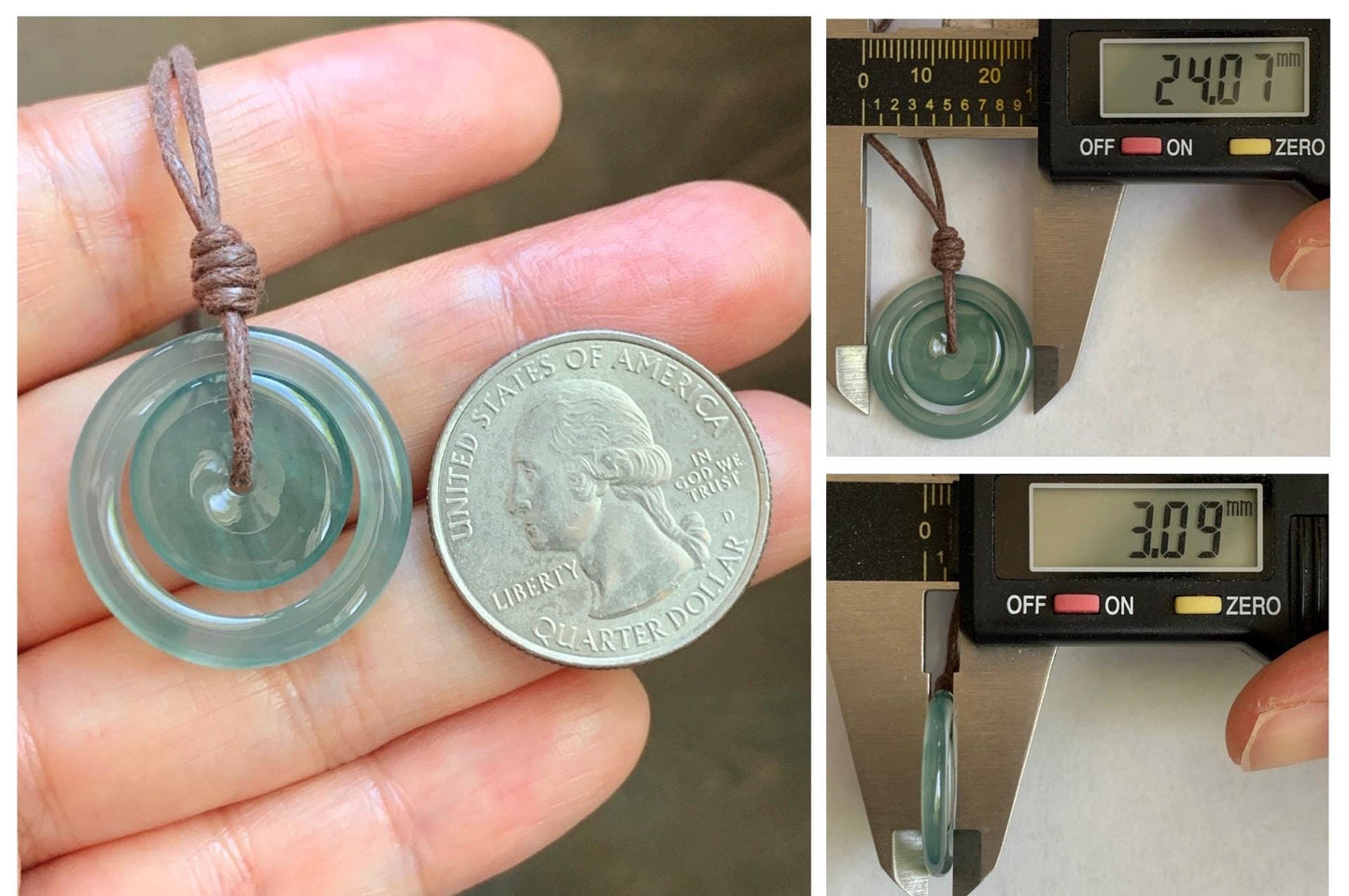 Natural Grade A Guatemalan Icy Translucent Light Teal Green Jade Jadeite Mother and Child Ping An Kou Donut Pendant 24” 天然冰危蓝绿翡翠子母扣吊坠WZM330B