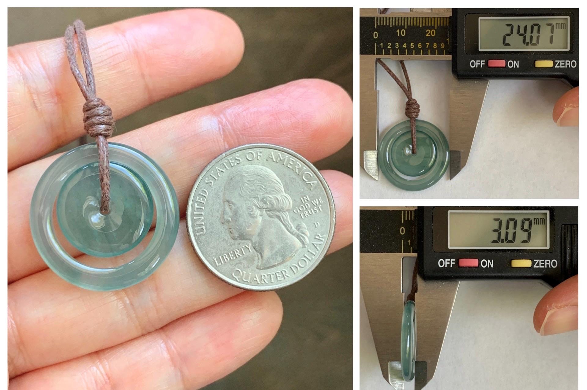 Natural Grade A Guatemalan Icy Translucent Light Teal Green Jade Jadeite Mother and Child Ping An Kou Donut Pendant 24” 天然冰危蓝绿翡翠子母扣吊坠WZM330B