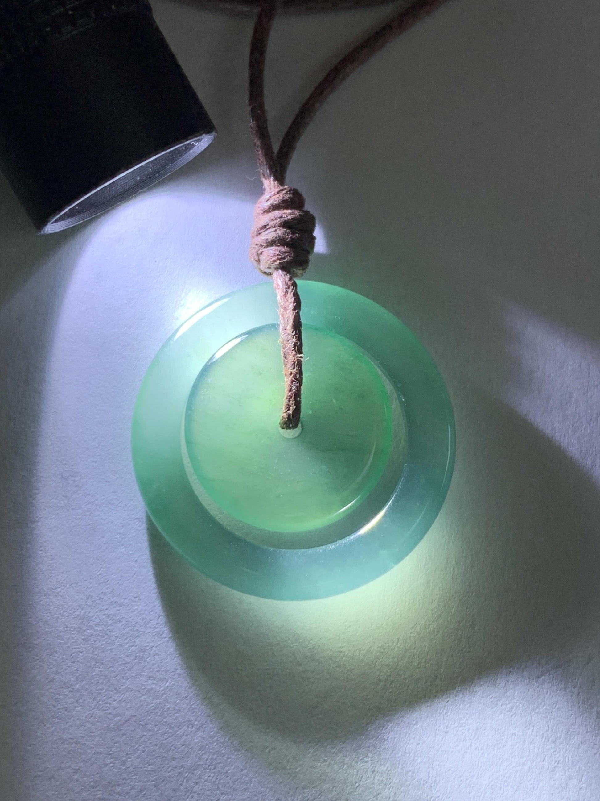 Natural Grade A Guatemalan Icy Translucent Light Teal Green Jade Jadeite Mother and Child Ping An Kou Donut Pendant 24” 天然冰危蓝绿翡翠子母扣吊坠WZM330B