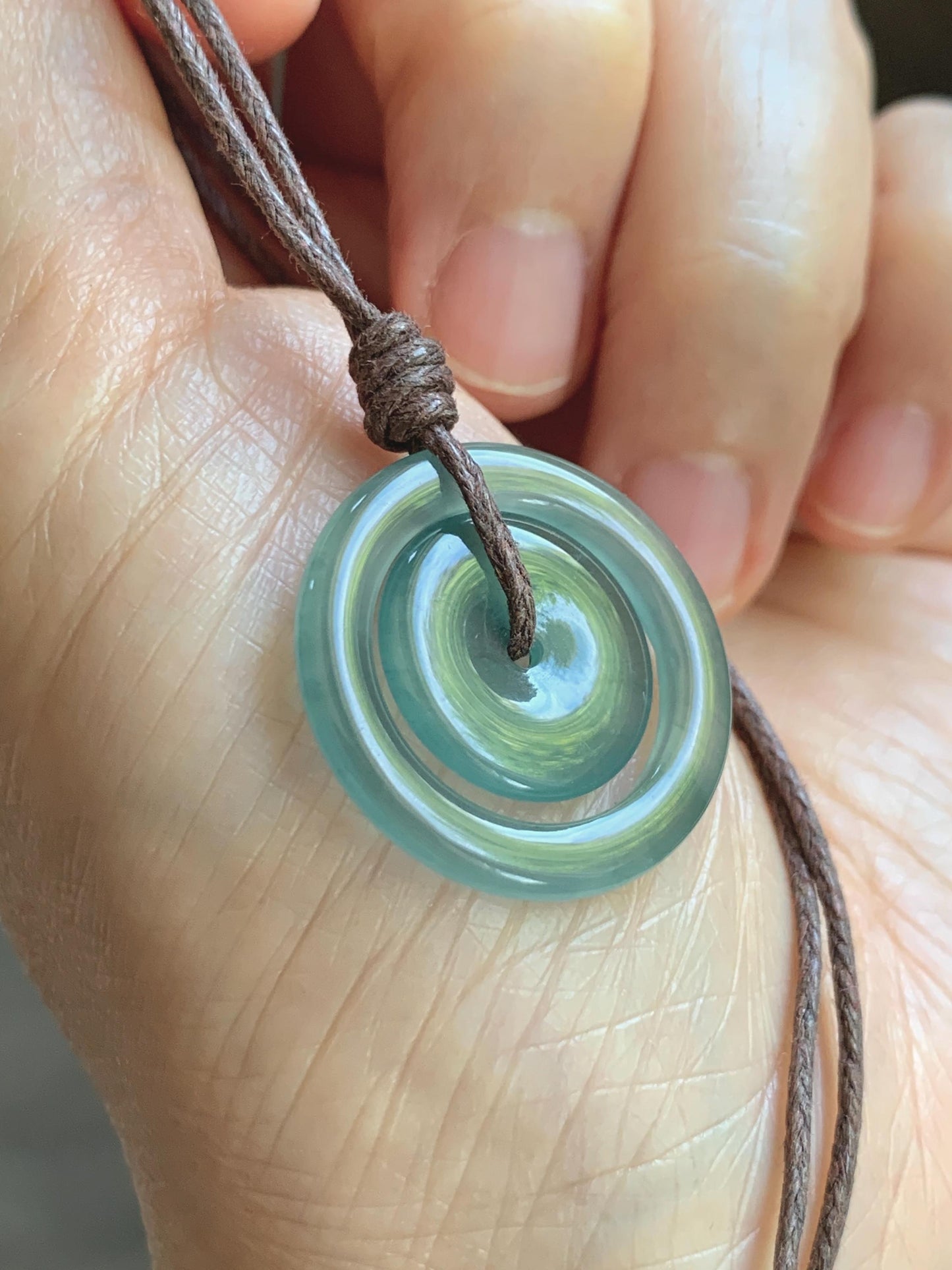 Natural Grade A Guatemalan Icy Translucent Light Teal Green Jade Jadeite Mother and Child Ping An Kou Donut Pendant 24” 天然冰危蓝绿翡翠子母扣吊坠WZM330B