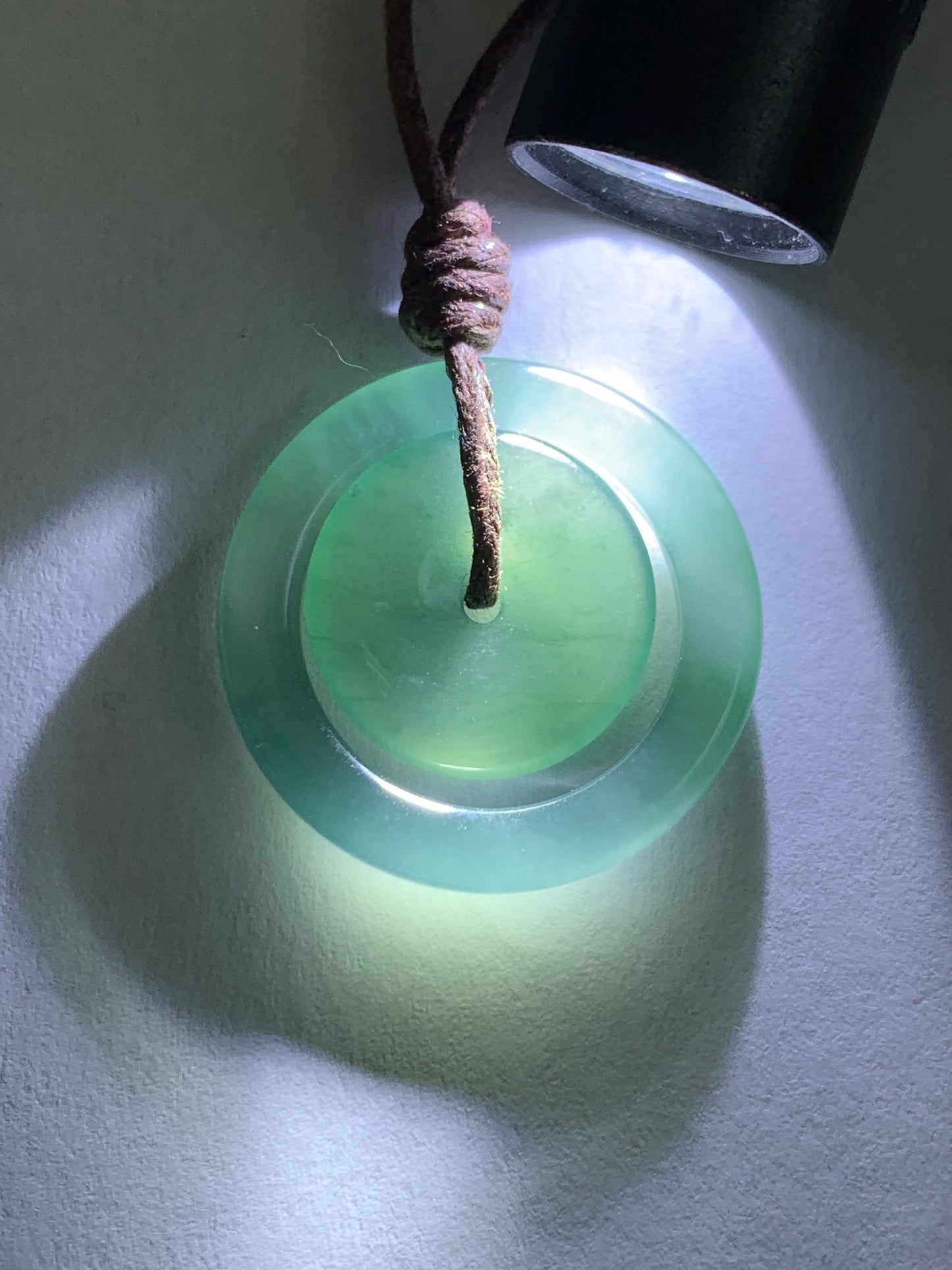 Natural Grade A Guatemalan Icy Translucent Light Teal Green Jade Jadeite Mother and Child Ping An Kou Donut Pendant 24” 天然冰危蓝绿翡翠子母扣吊坠WZM330B