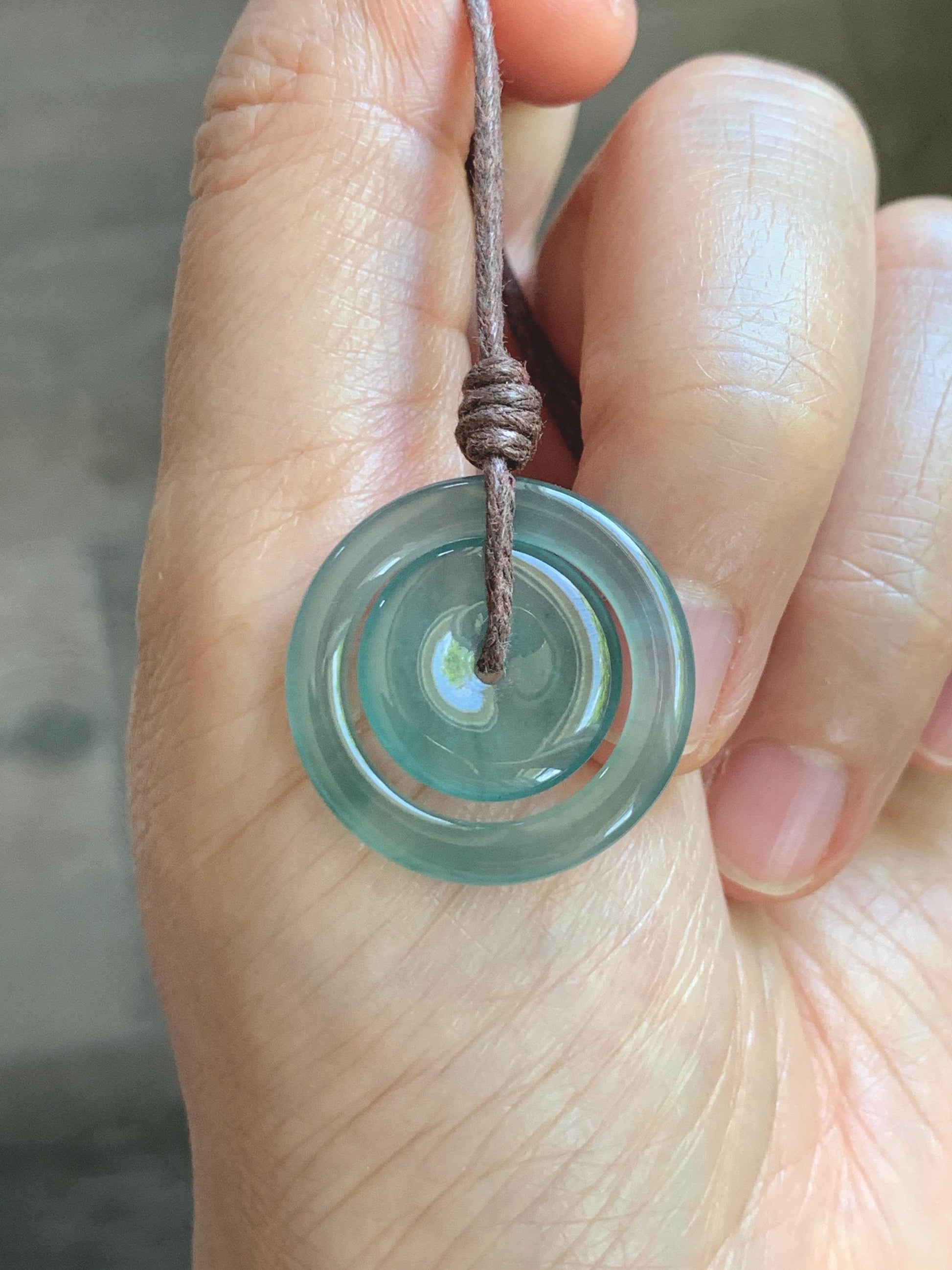 Natural Grade A Guatemalan Icy Translucent Light Teal Green Jade Jadeite Mother and Child Ping An Kou Donut Pendant 24” 天然冰危蓝绿翡翠子母扣吊坠WZM330B