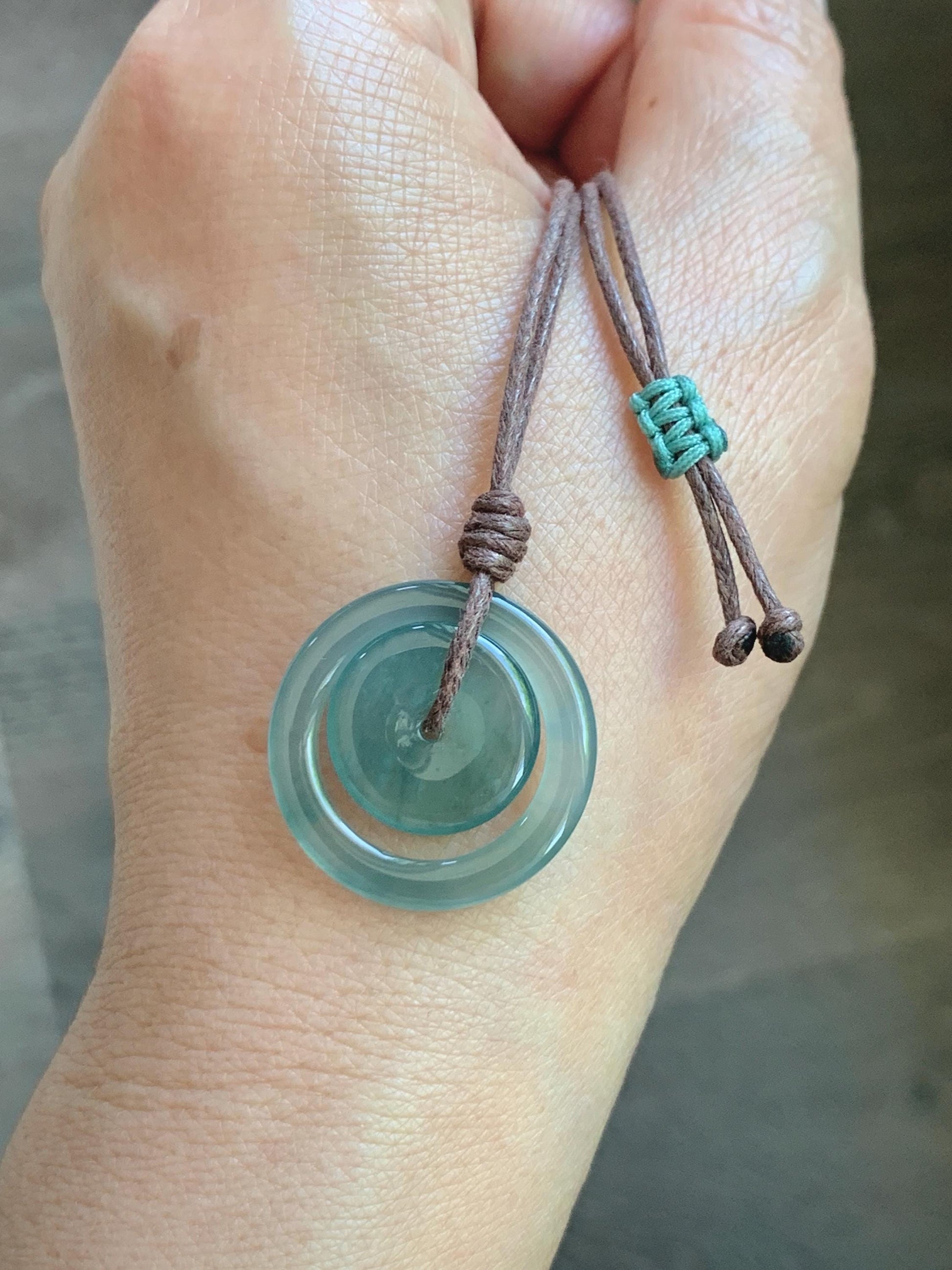 Natural Grade A Guatemalan Icy Translucent Light Teal Green Jade Jadeite Mother and Child Ping An Kou Donut Pendant 24” 天然冰危蓝绿翡翠子母扣吊坠WZM330B