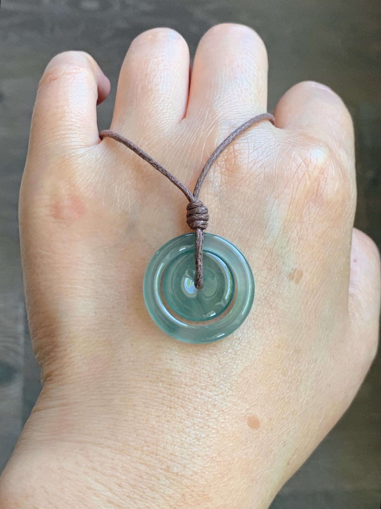 Natural Grade A Guatemalan Icy Translucent Light Teal Green Jade Jadeite Mother and Child Ping An Kou Donut Pendant 24” 天然冰危蓝绿翡翠子母扣吊坠WZM330B