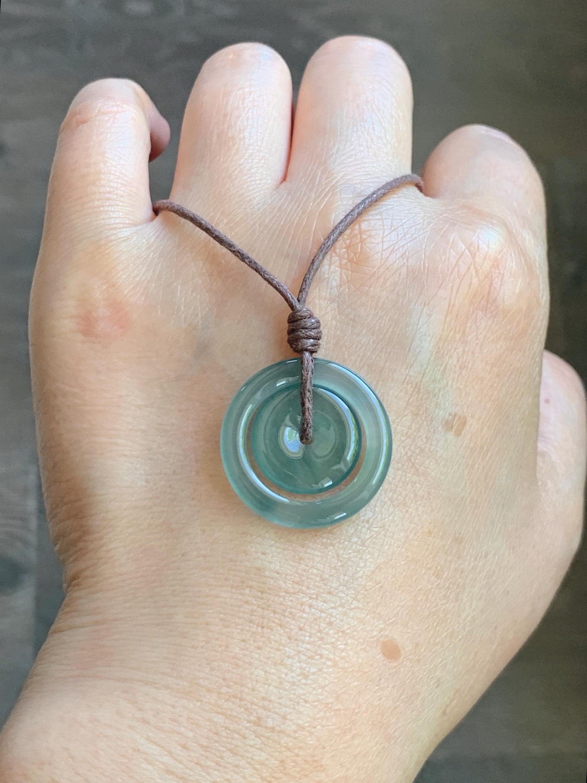 Natural Grade A Guatemalan Icy Translucent Light Teal Green Jade Jadeite Mother and Child Ping An Kou Donut Pendant 24” 天然冰危蓝绿翡翠子母扣吊坠WZM330B