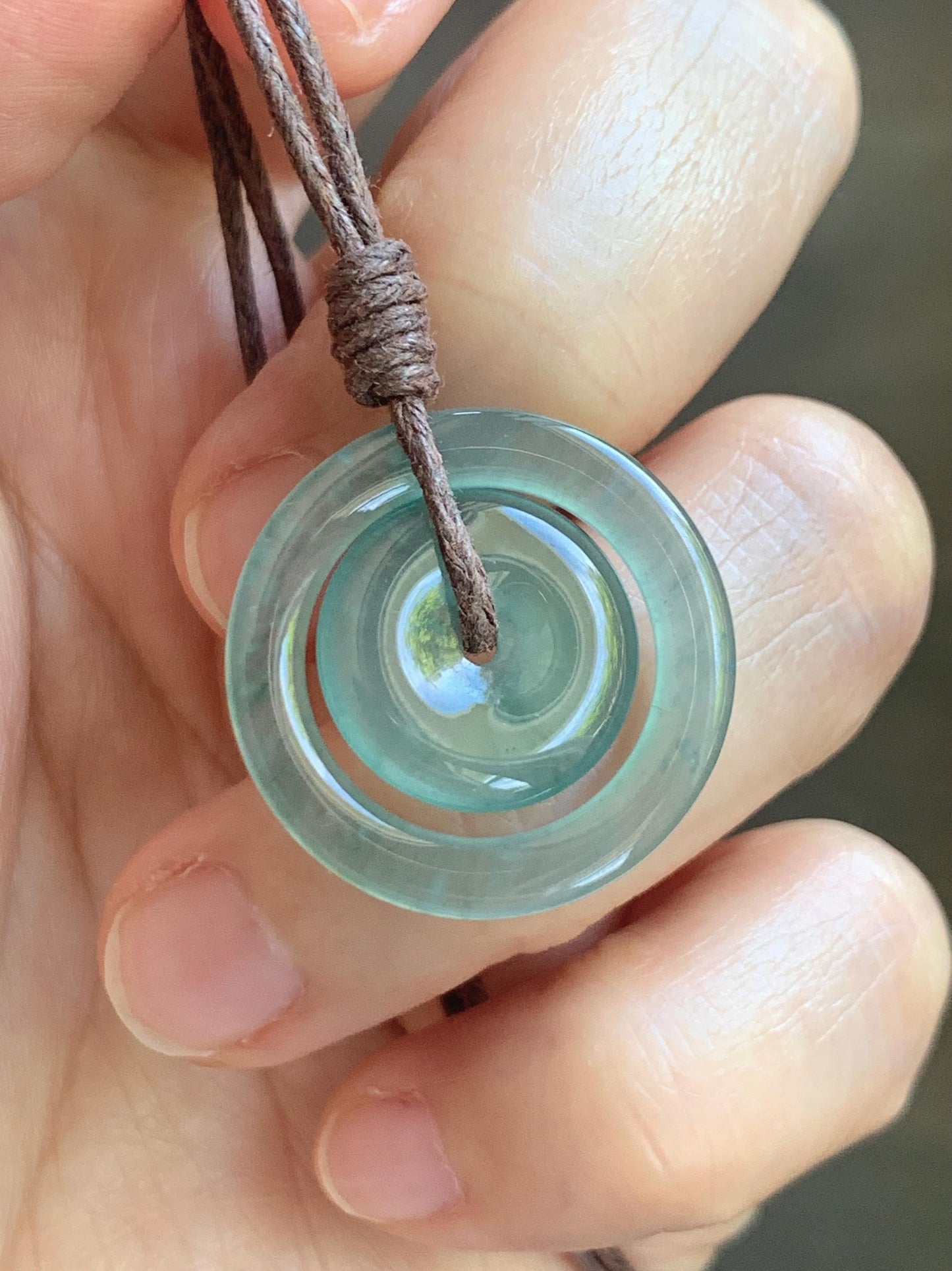 Natural Grade A Guatemalan Icy Translucent Light Teal Green Jade Jadeite Mother and Child Ping An Kou Donut Pendant 24” 天然冰危蓝绿翡翠子母扣吊坠WZM330A