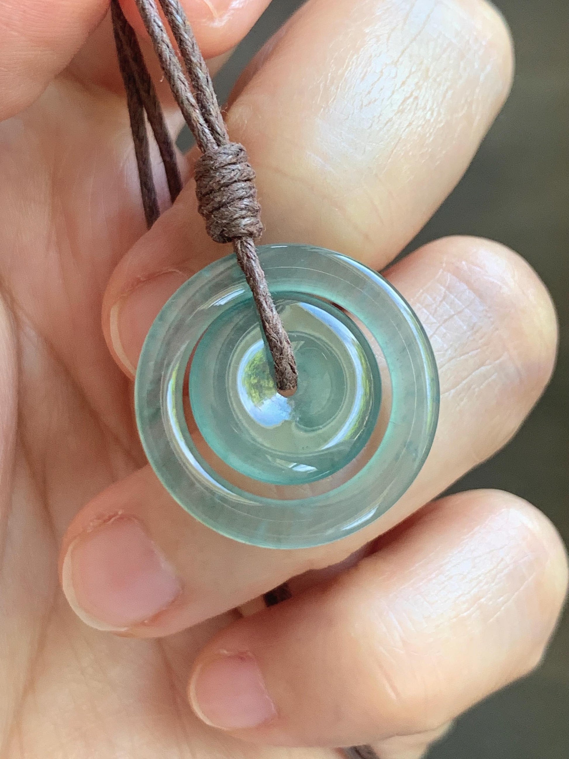 Natural Grade A Guatemalan Icy Translucent Light Teal Green Jade Jadeite Mother and Child Ping An Kou Donut Pendant 24” 天然冰危蓝绿翡翠子母扣吊坠WZM330A