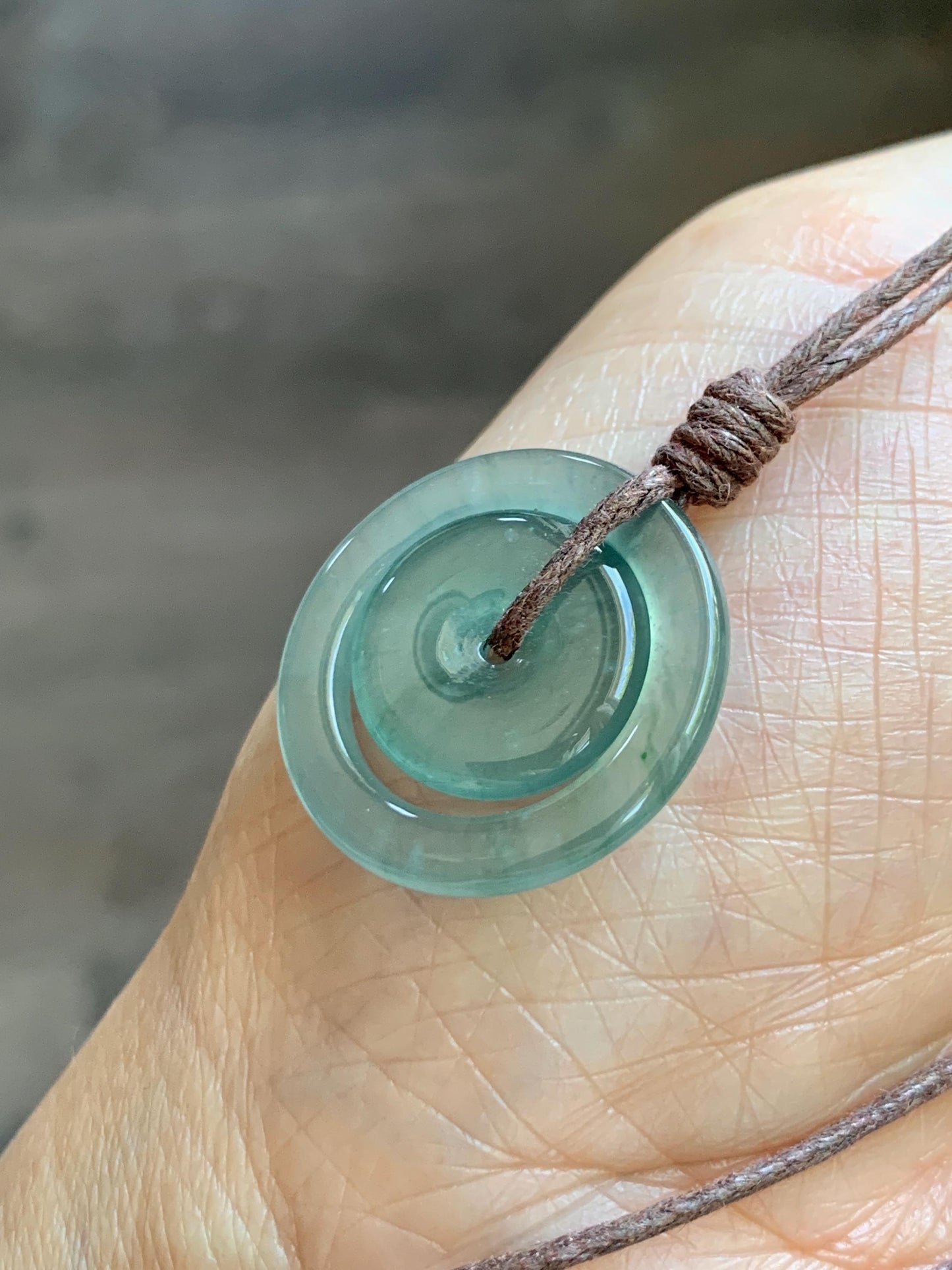Natural Grade A Guatemalan Icy Translucent Light Teal Green Jade Jadeite Mother and Child Ping An Kou Donut Pendant 24” 天然冰危蓝绿翡翠子母扣吊坠WZM330A