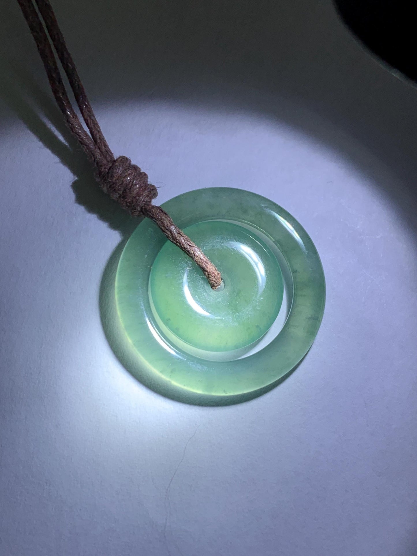 Natural Grade A Guatemalan Icy Translucent Light Teal Green Jade Jadeite Mother and Child Ping An Kou Donut Pendant 24” 天然冰危蓝绿翡翠子母扣吊坠WZM330A