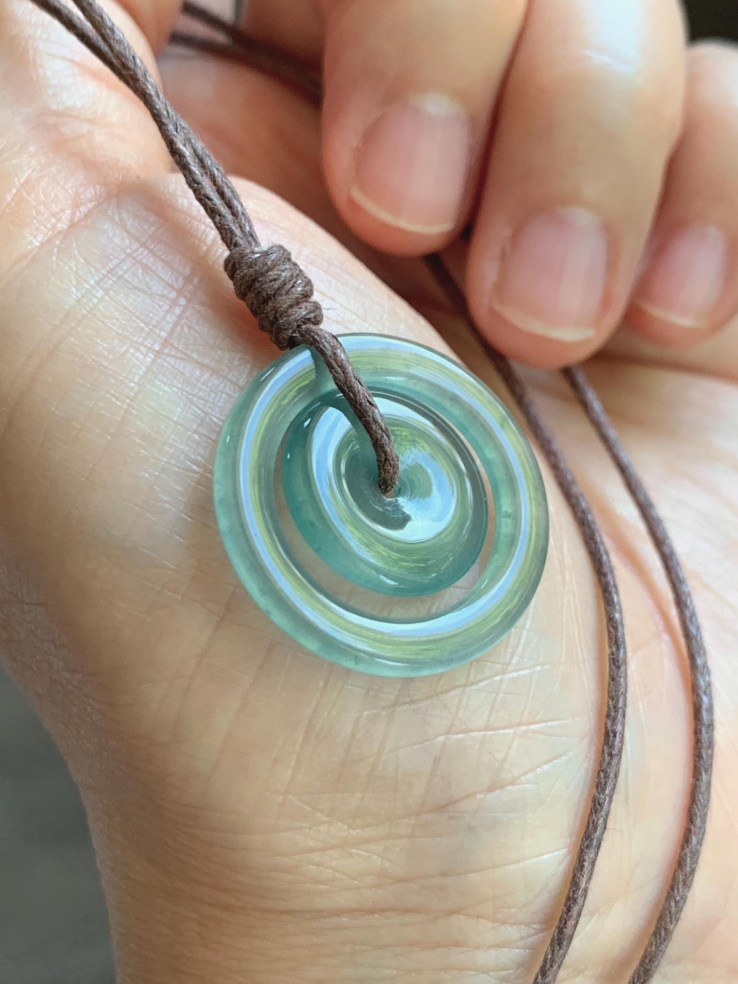 Natural Grade A Guatemalan Icy Translucent Light Teal Green Jade Jadeite Mother and Child Ping An Kou Donut Pendant 24” 天然冰危蓝绿翡翠子母扣吊坠WZM330A