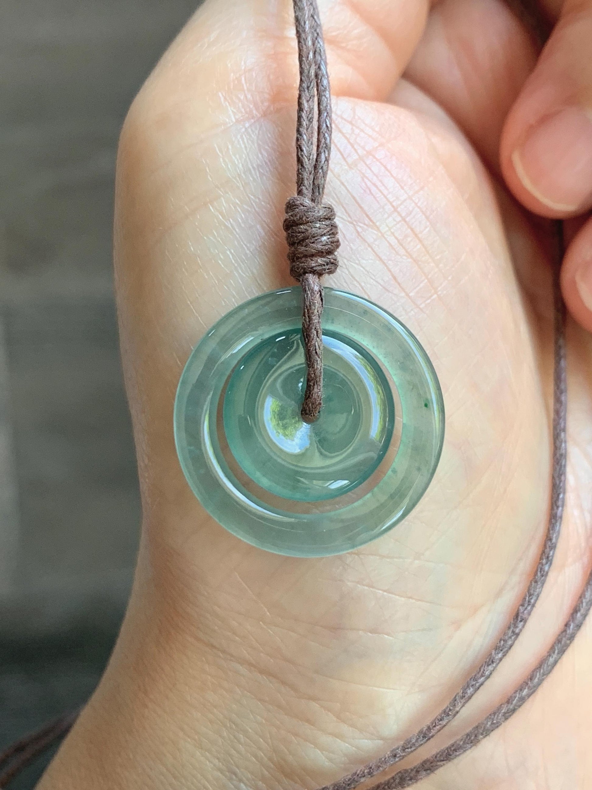 Natural Grade A Guatemalan Icy Translucent Light Teal Green Jade Jadeite Mother and Child Ping An Kou Donut Pendant 24” 天然冰危蓝绿翡翠子母扣吊坠WZM330A