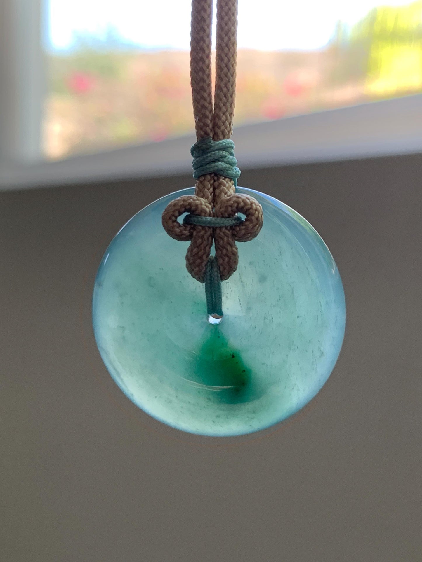 Natural Grade A Guatemalan Icy Translucent Dusty Teal Green Jade Jadeite Ping An Kou Donut Pendant Rope Necklace 24” 天然冰胶危蓝绿翡翠平安扣吊坠 WLP220