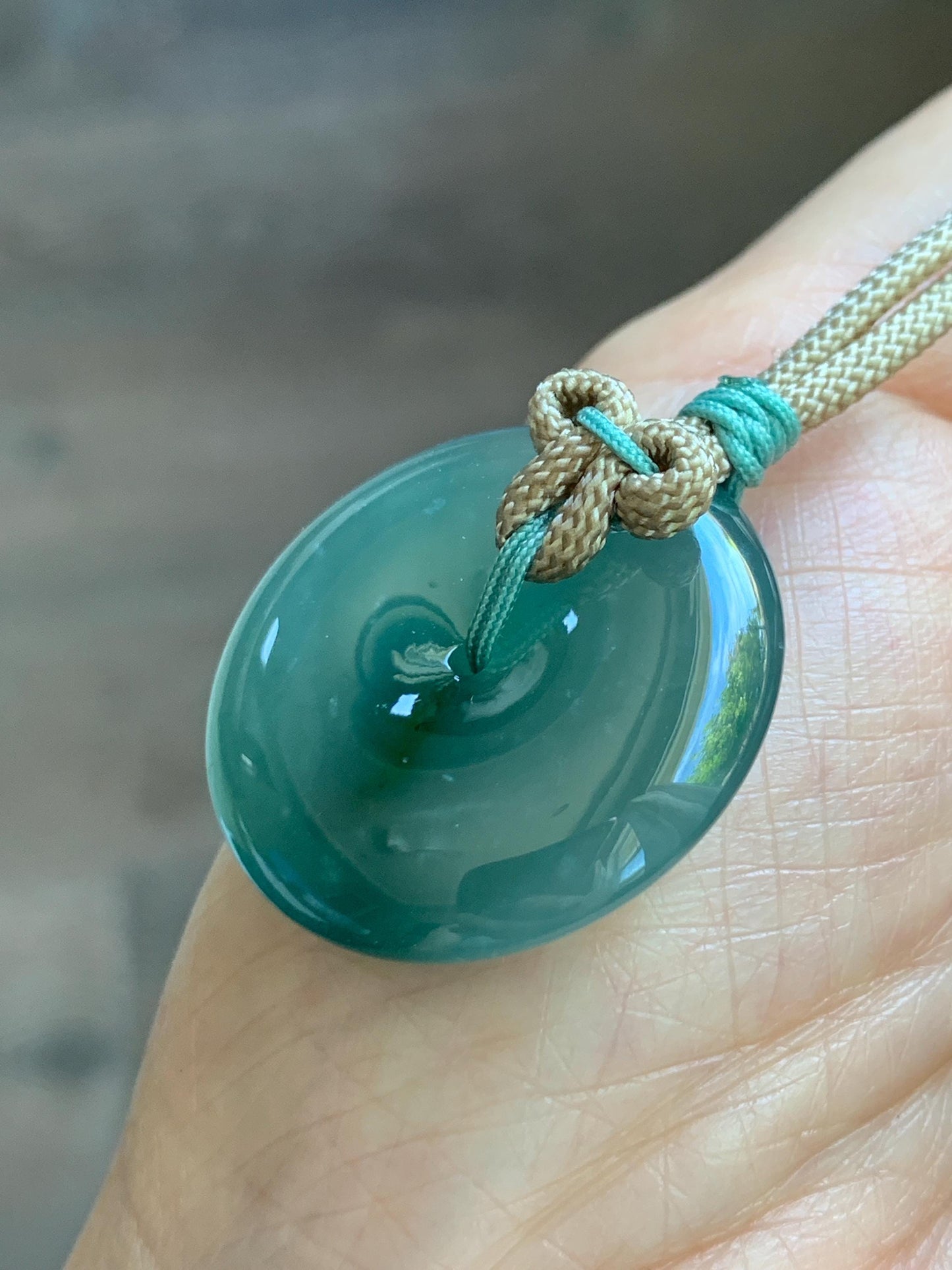 Natural Grade A Guatemalan Icy Translucent Dusty Teal Green Jade Jadeite Ping An Kou Donut Pendant Rope Necklace 24” 天然冰胶危蓝绿翡翠平安扣吊坠 WLP220