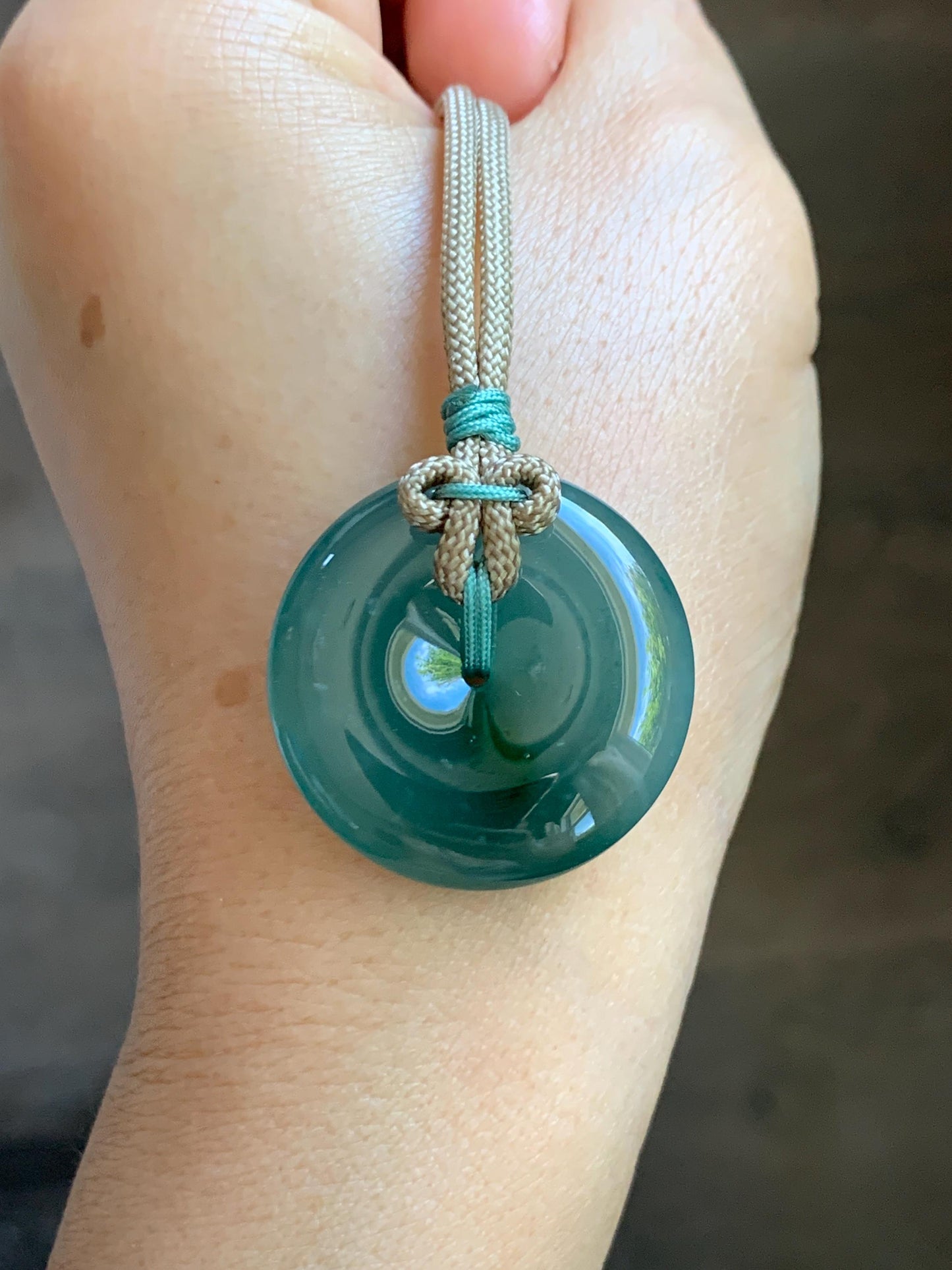 Natural Grade A Guatemalan Icy Translucent Dusty Teal Green Jade Jadeite Ping An Kou Donut Pendant Rope Necklace 24” 天然冰胶危蓝绿翡翠平安扣吊坠 WLP220