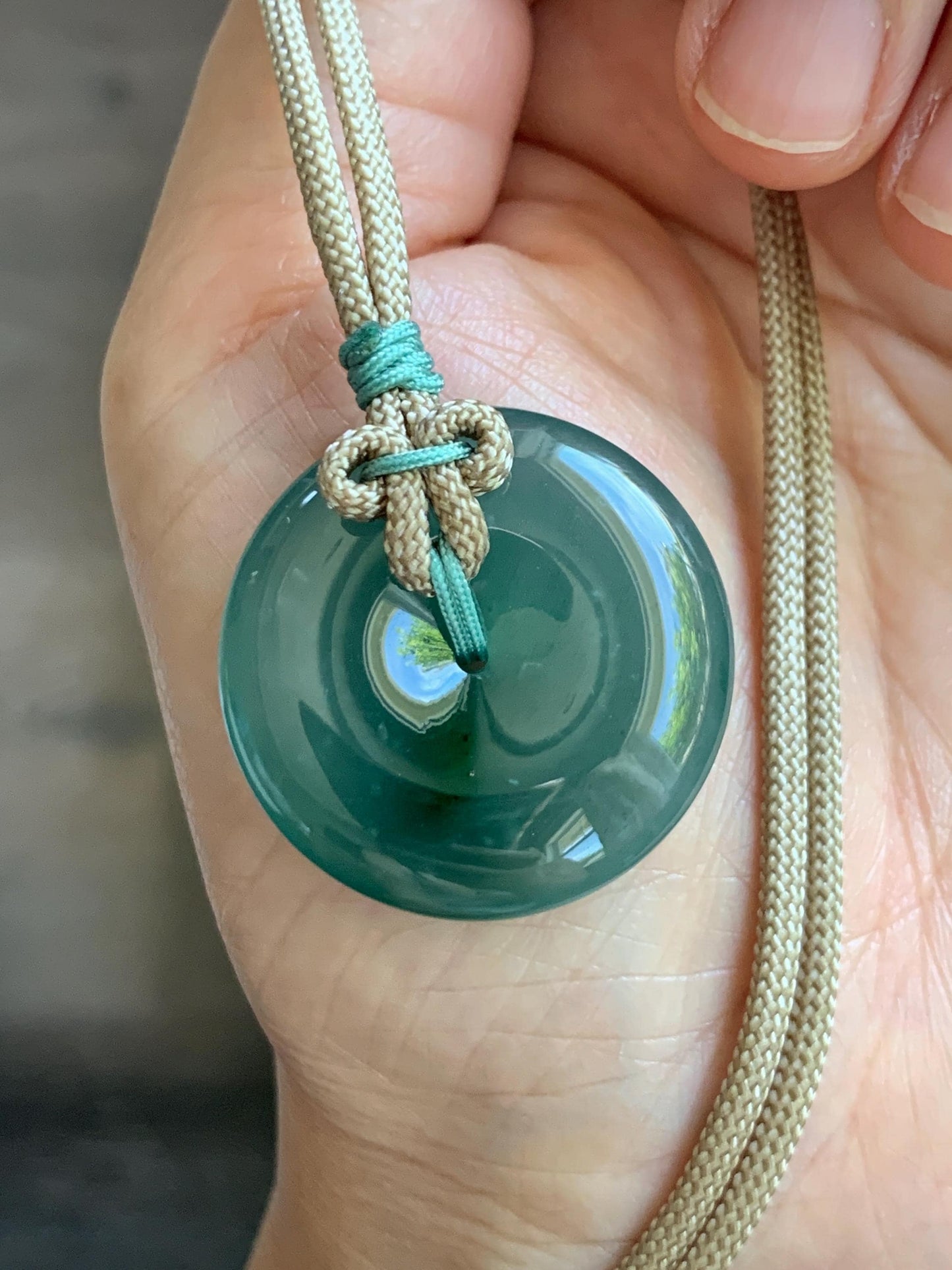 Natural Grade A Guatemalan Icy Translucent Dusty Teal Green Jade Jadeite Ping An Kou Donut Pendant Rope Necklace 24” 天然冰胶危蓝绿翡翠平安扣吊坠 WLP220