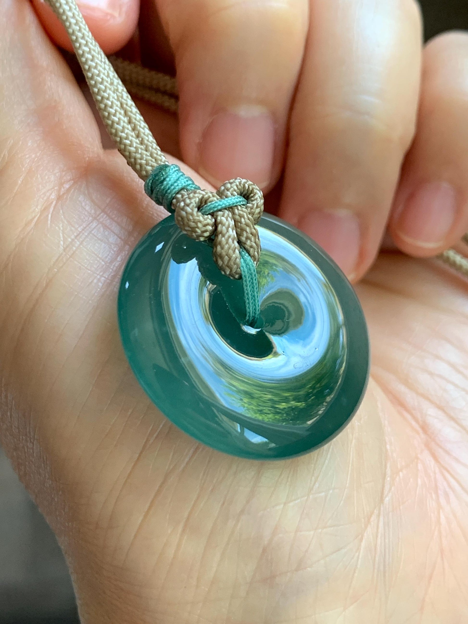 Natural Grade A Guatemalan Icy Translucent Dusty Teal Green Jade Jadeite Ping An Kou Donut Pendant Rope Necklace 24” 天然冰胶危蓝绿翡翠平安扣吊坠 WLP220