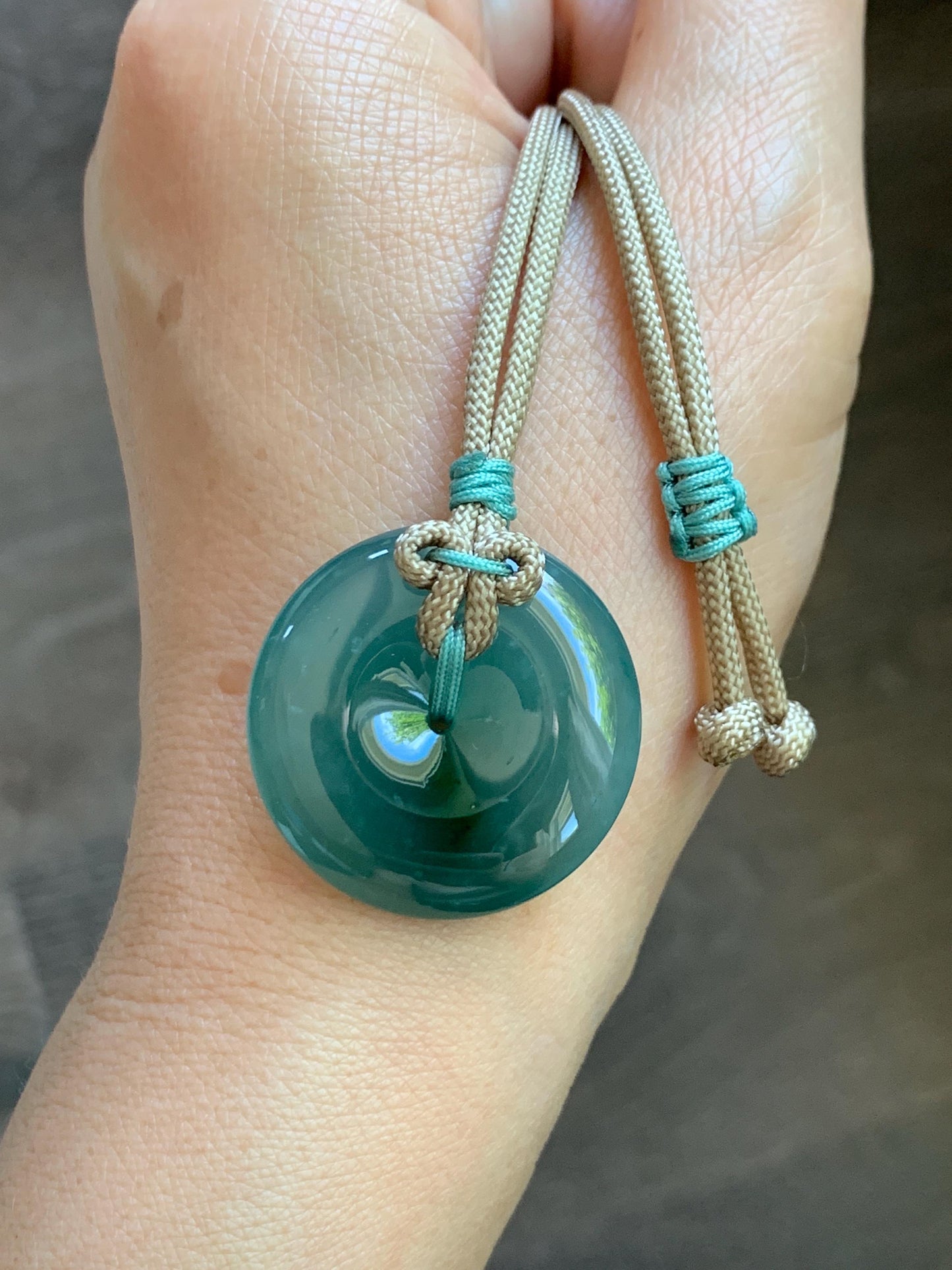 Natural Grade A Guatemalan Icy Translucent Dusty Teal Green Jade Jadeite Ping An Kou Donut Pendant Rope Necklace 24” 天然冰胶危蓝绿翡翠平安扣吊坠 WLP220
