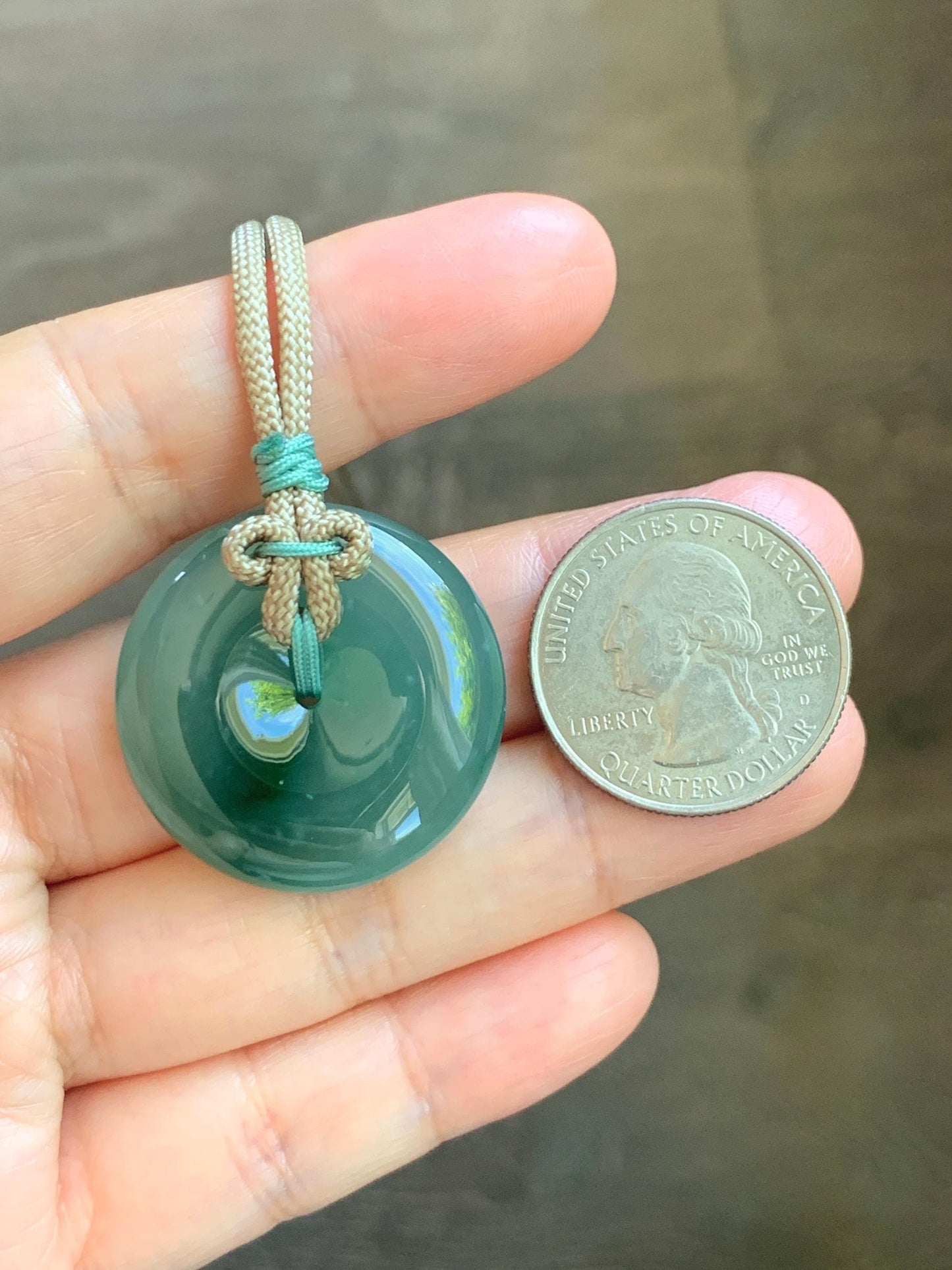 Natural Grade A Guatemalan Icy Translucent Dusty Teal Green Jade Jadeite Ping An Kou Donut Pendant Rope Necklace 24” 天然冰胶危蓝绿翡翠平安扣吊坠 WLP220