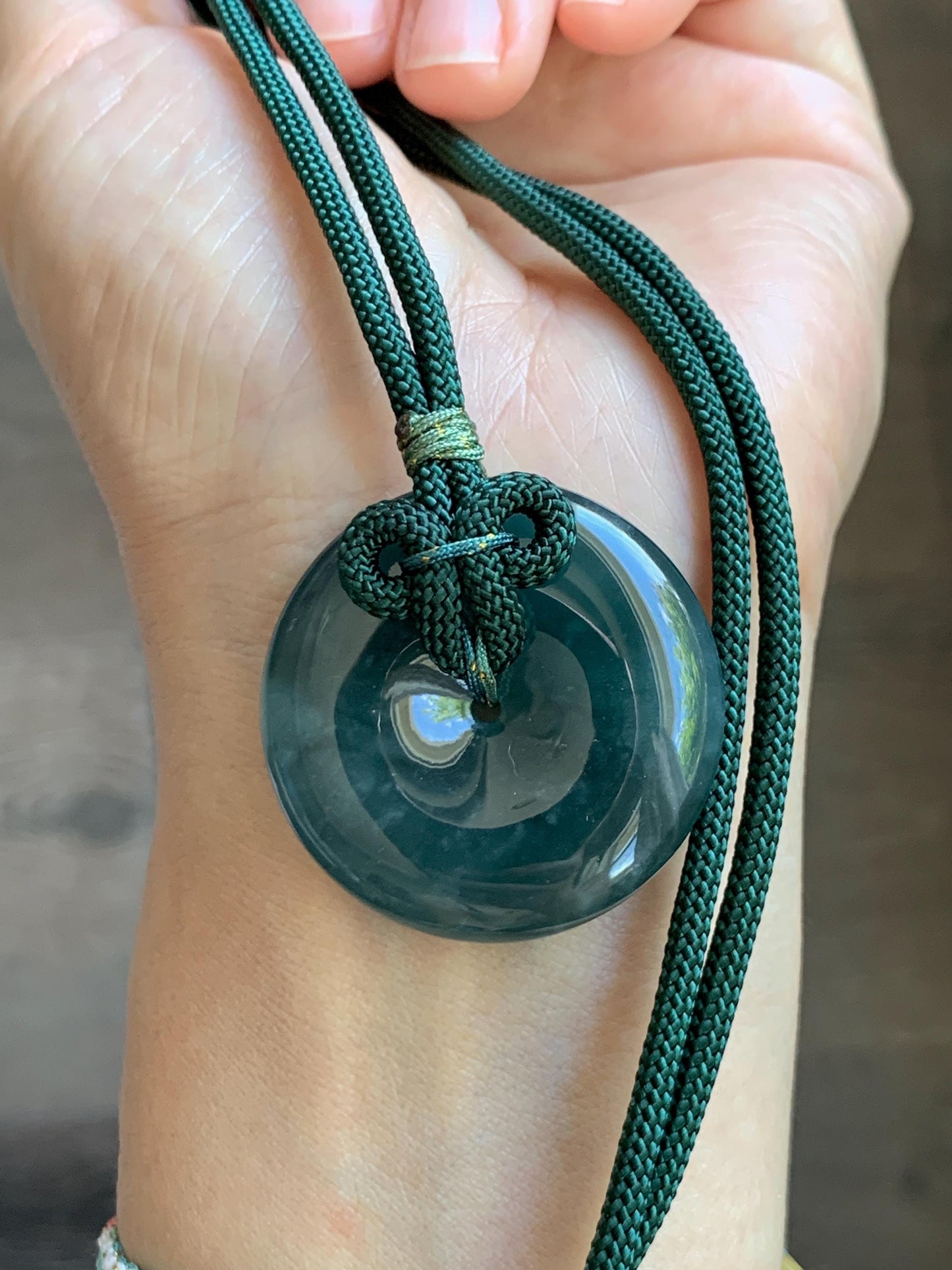 Natural Grade A Guatemalan Icy Translucent Dark Teal Blue Jade Jadeite Ping An Kou Donut Pendant Rope Necklace 24” 24g 天然冰胶危蓝翡翠平安扣吊坠 WLP110A