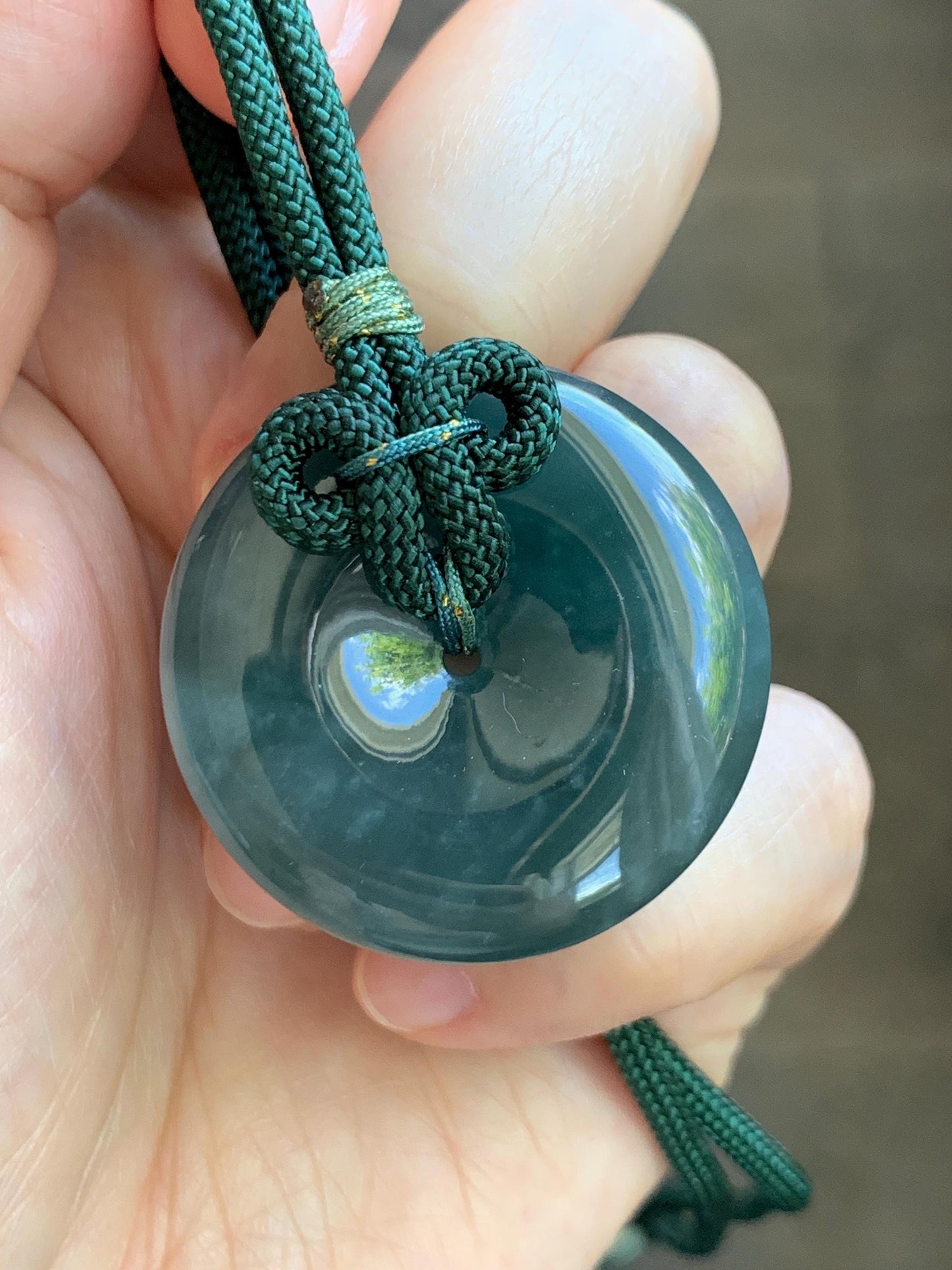 Natural Grade A Guatemalan Icy Translucent Dark Teal Blue Jade Jadeite Ping An Kou Donut Pendant Rope Necklace 24” 24g 天然冰胶危蓝翡翠平安扣吊坠 WLP110A