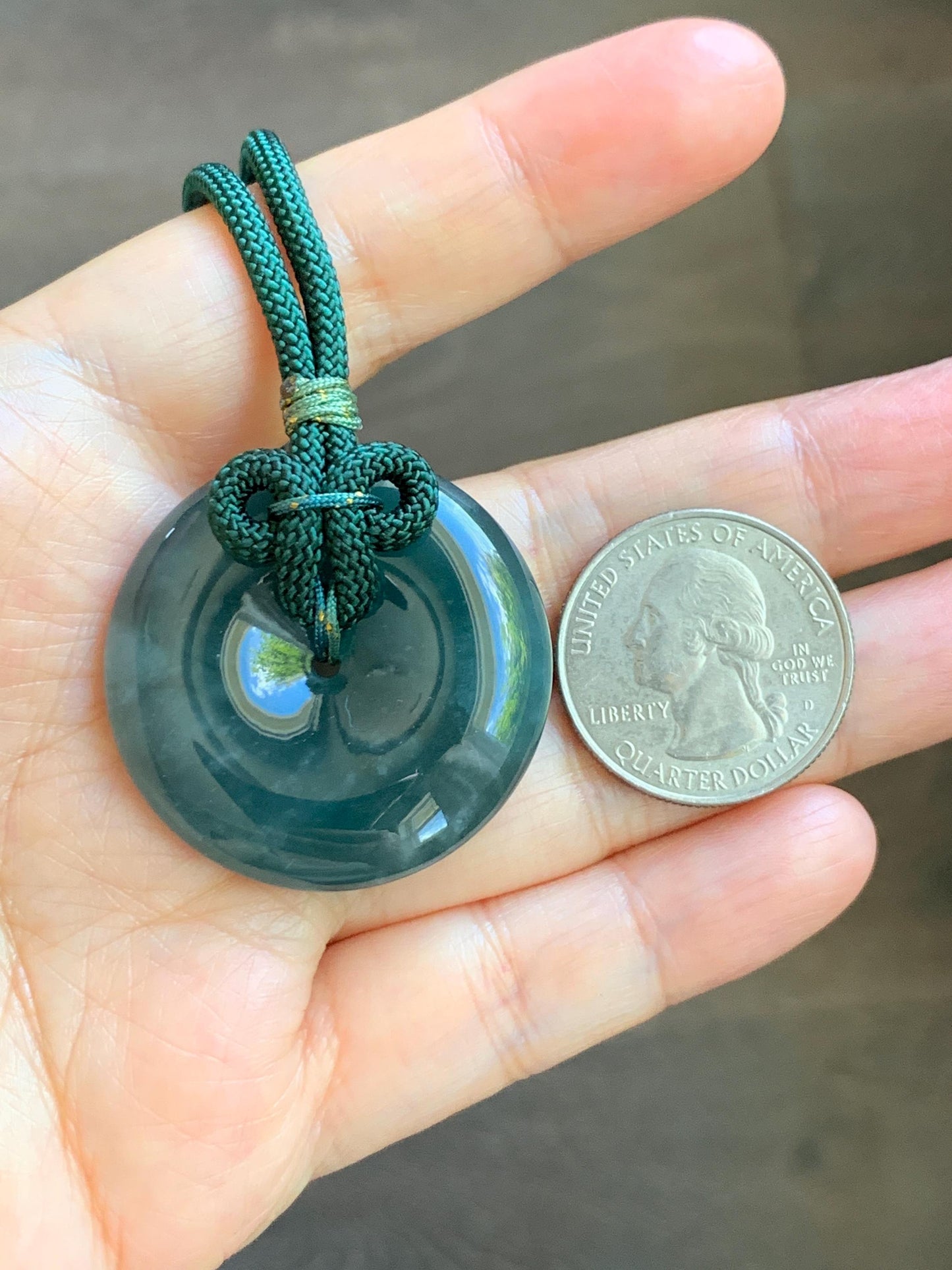 Natural Grade A Guatemalan Icy Translucent Dark Teal Blue Jade Jadeite Ping An Kou Donut Pendant Rope Necklace 24” 24g 天然冰胶危蓝翡翠平安扣吊坠 WLP110A