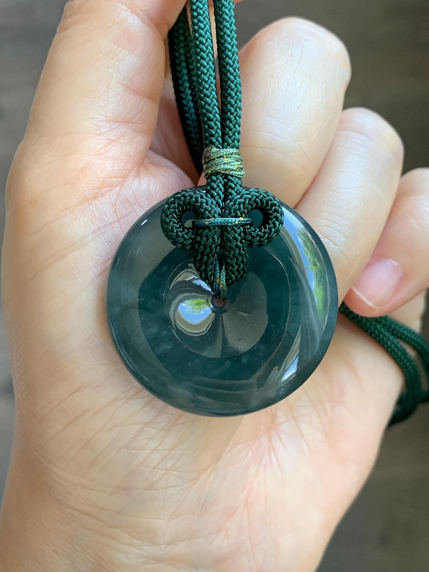 Natural Grade A Guatemalan Icy Translucent Dark Teal Blue Jade Jadeite Ping An Kou Donut Pendant Rope Necklace 24” 24g 天然冰胶危蓝翡翠平安扣吊坠 WLP110A