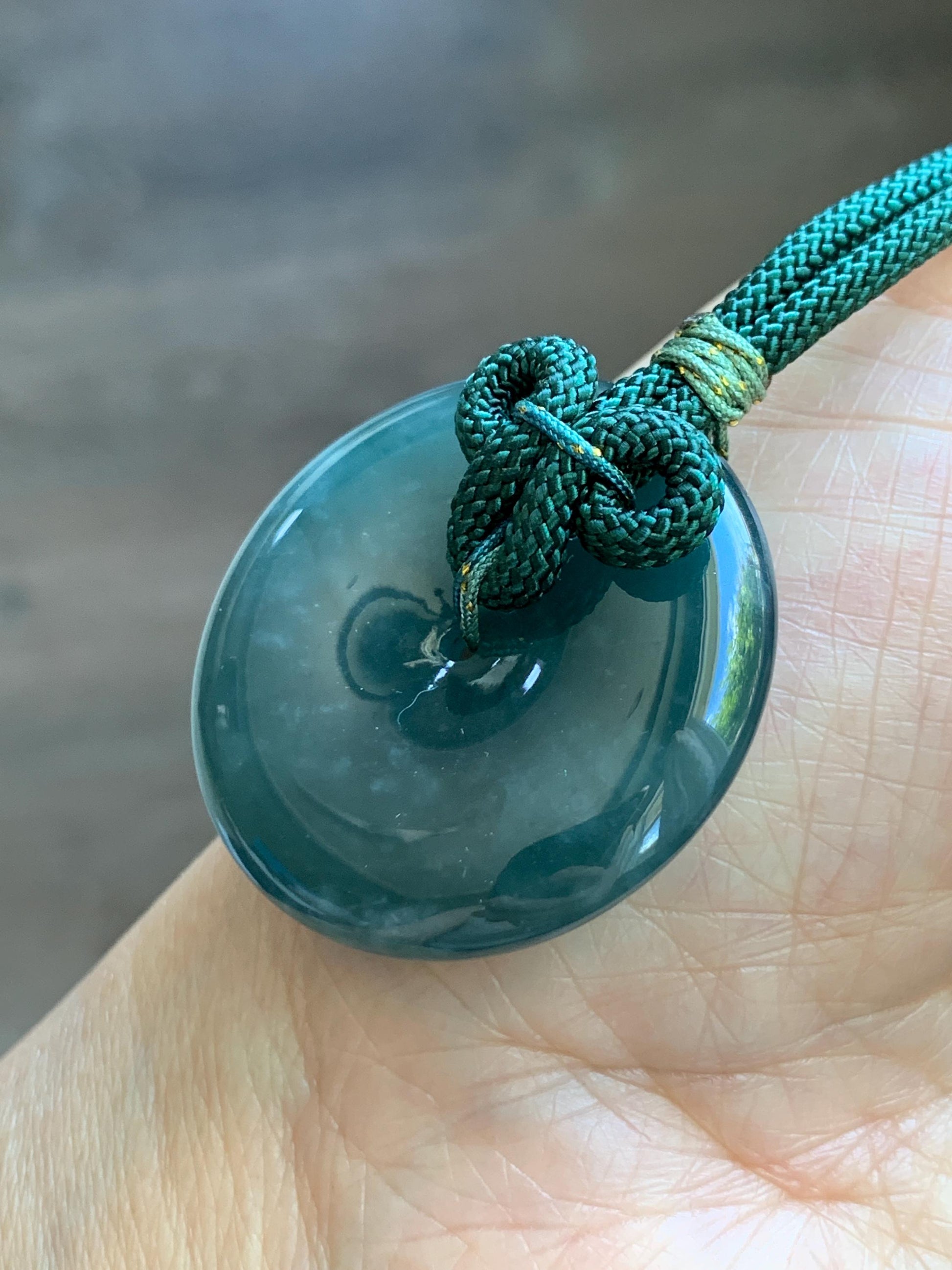 Natural Grade A Guatemalan Icy Translucent Dark Teal Blue Jade Jadeite Ping An Kou Donut Pendant Rope Necklace 24” 24g 天然冰胶危蓝翡翠平安扣吊坠 WLP110A