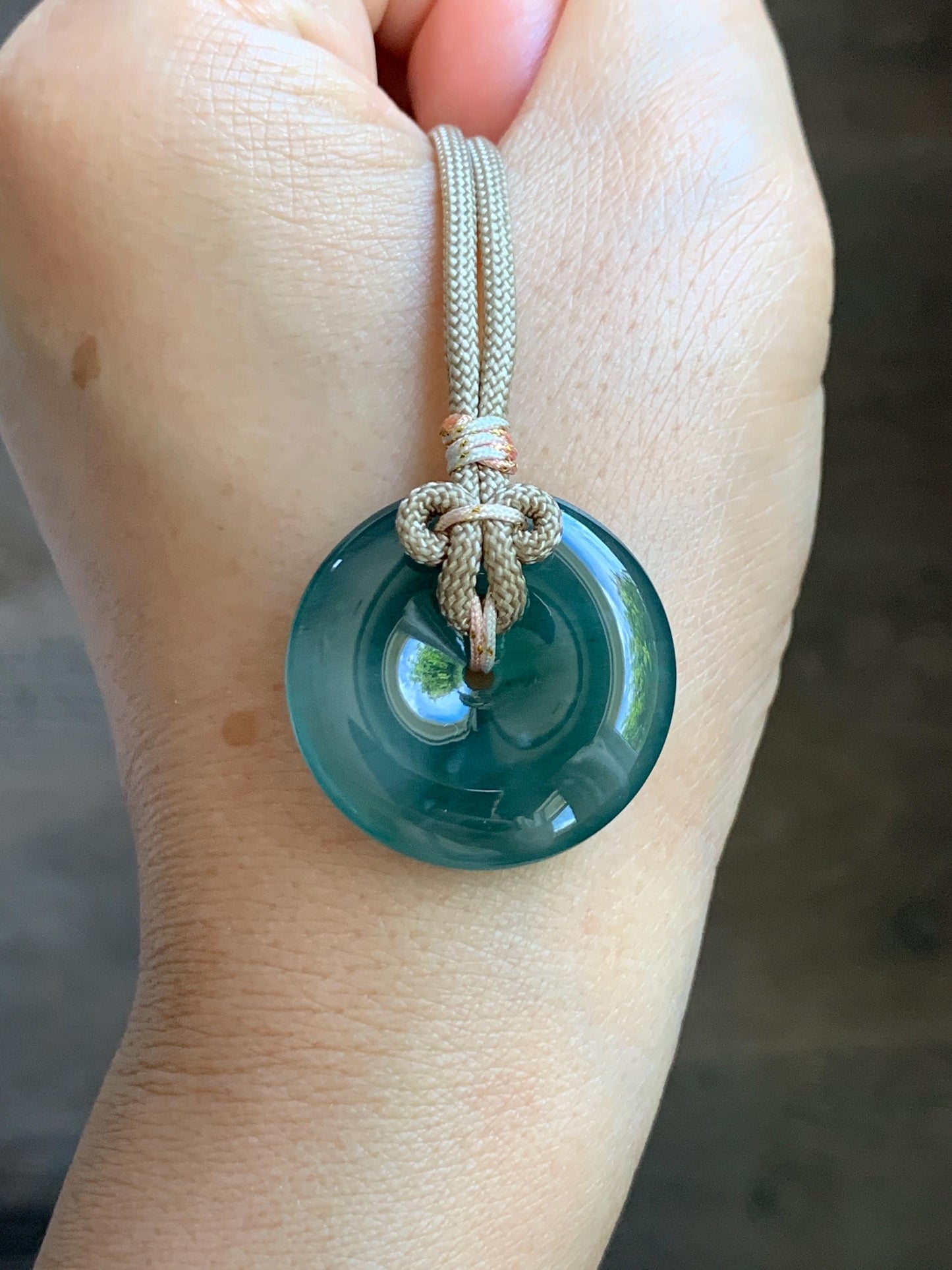 Natural Grade A Guatemalan Icy Translucent Dusty Teal Green Jade Jadeite Ping An Kou Donut Pendant Rope Necklace 25” 天然冰胶危蓝绿翡翠平安扣吊坠 WLP110B