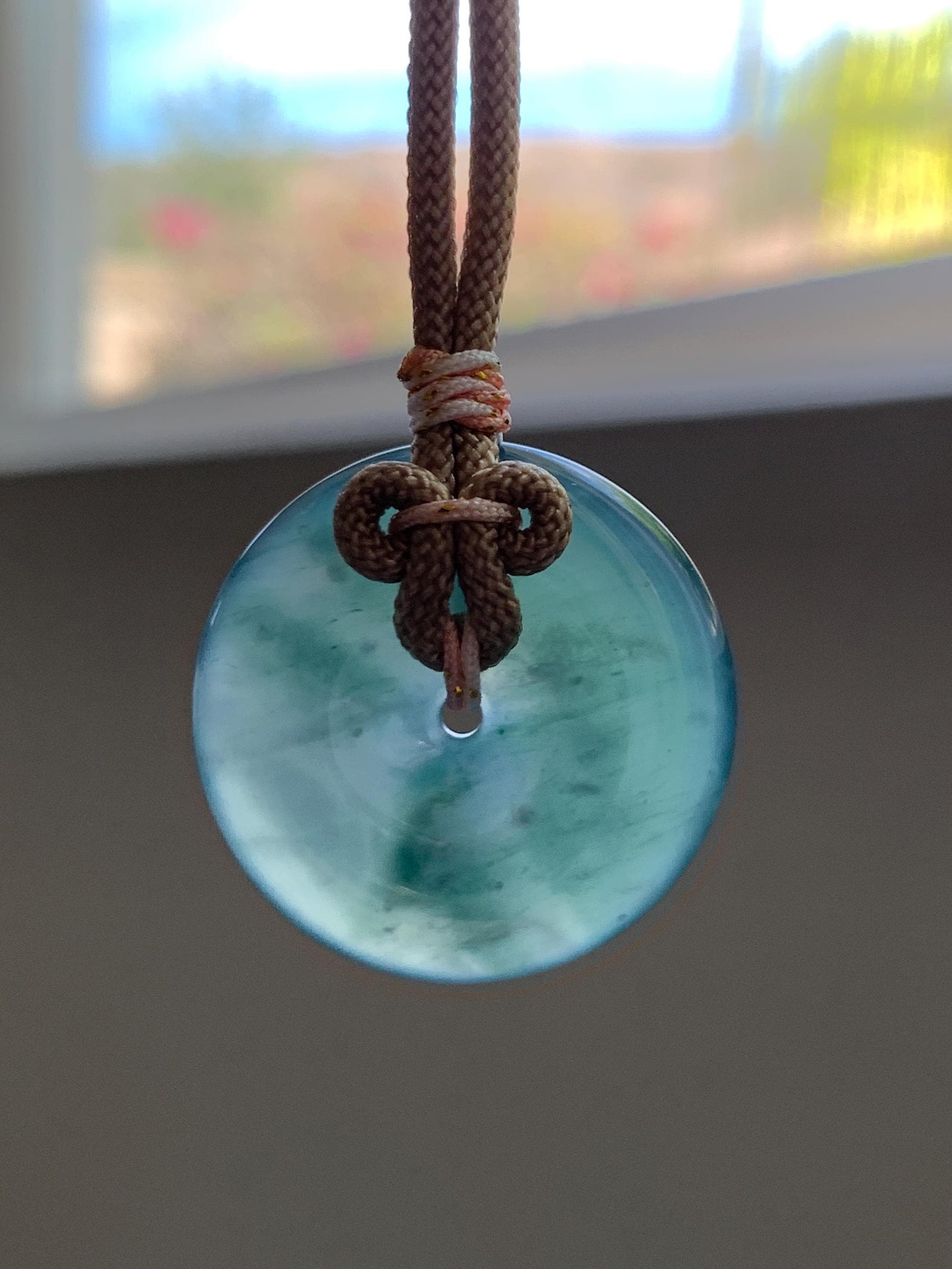 Natural Grade A Guatemalan Icy Translucent Dusty Teal Green Jade Jadeite Ping An Kou Donut Pendant Rope Necklace 25” 天然冰胶危蓝绿翡翠平安扣吊坠 WLP110B