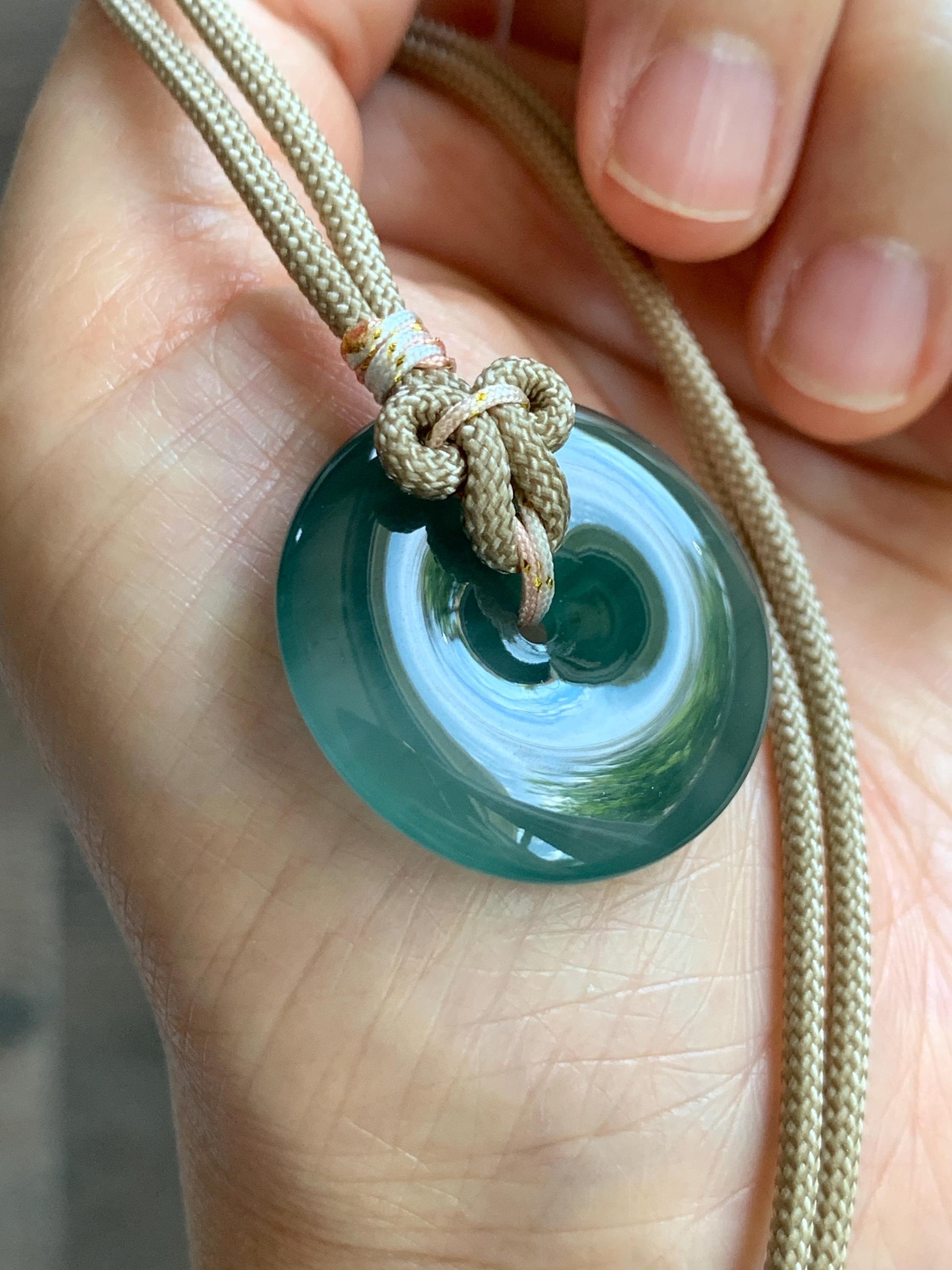Natural Grade A Guatemalan Icy Translucent Dusty Teal Green Jade Jadeite Ping An Kou Donut Pendant Rope Necklace 25” 天然冰胶危蓝绿翡翠平安扣吊坠 WLP110B