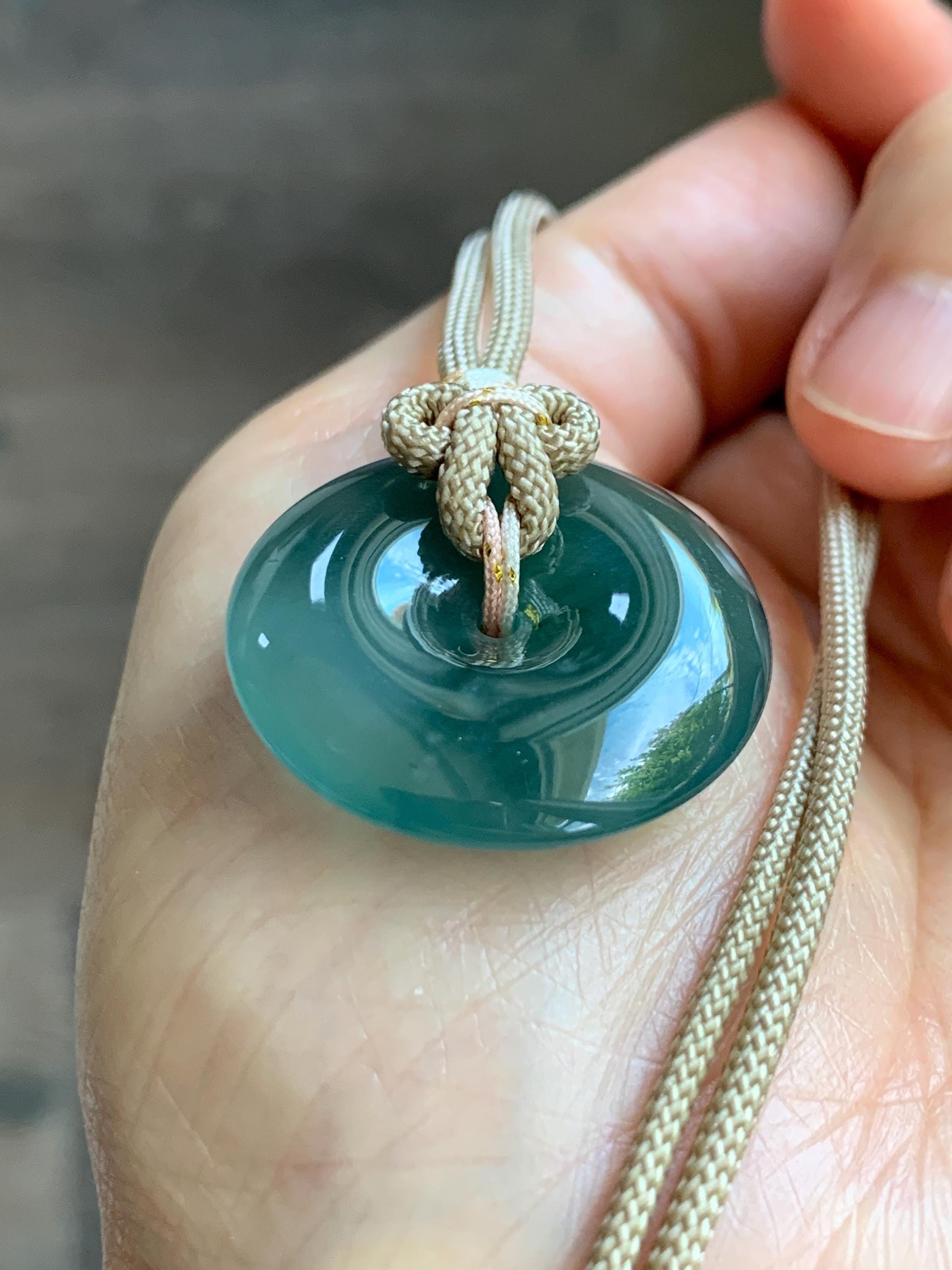 Natural Grade A Guatemalan Icy Translucent Dusty Teal Green Jade Jadeite Ping An Kou Donut Pendant Rope Necklace 25” 天然冰胶危蓝绿翡翠平安扣吊坠 WLP110B