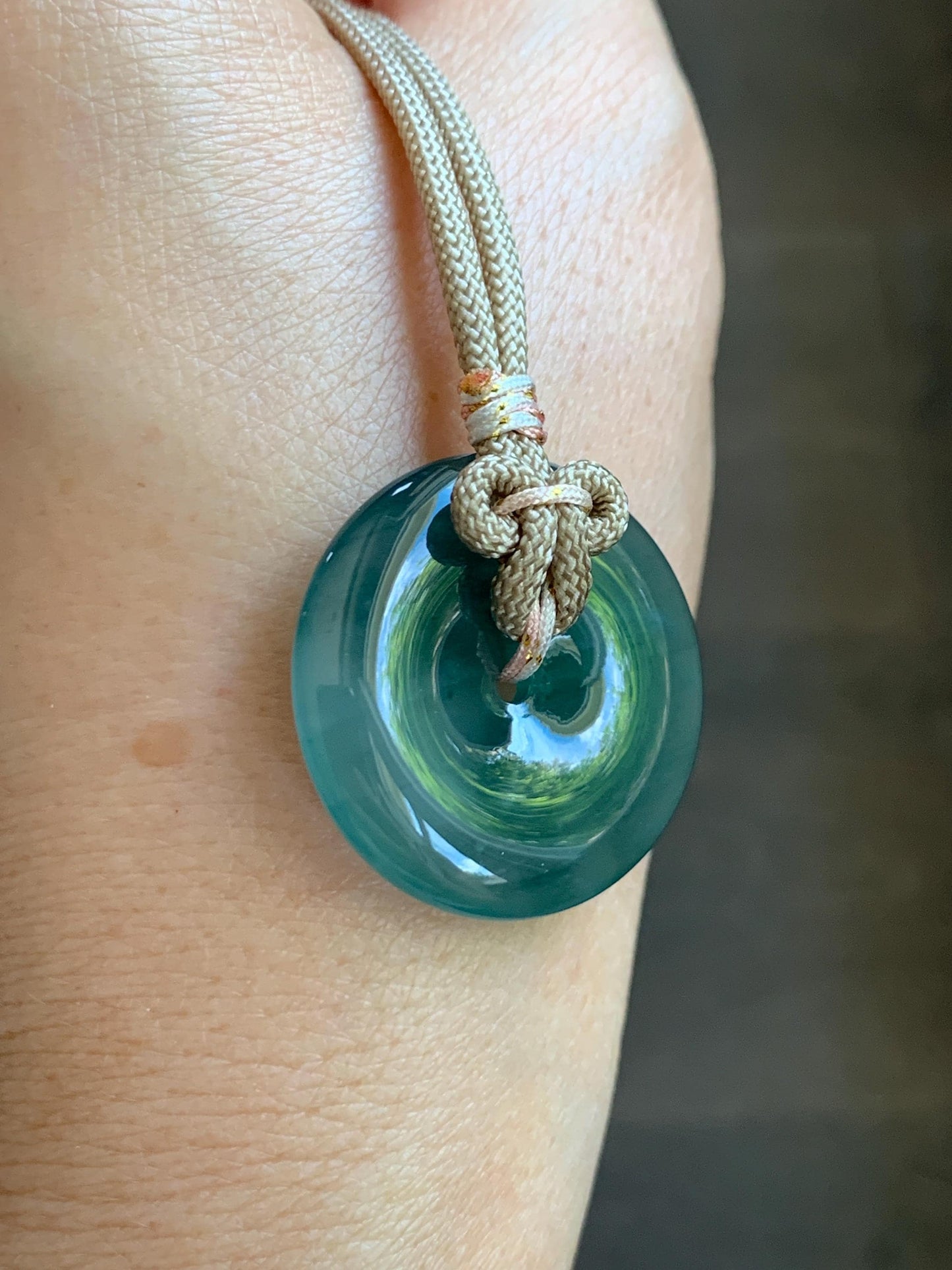 Natural Grade A Guatemalan Icy Translucent Dusty Teal Green Jade Jadeite Ping An Kou Donut Pendant Rope Necklace 25” 天然冰胶危蓝绿翡翠平安扣吊坠 WLP110B