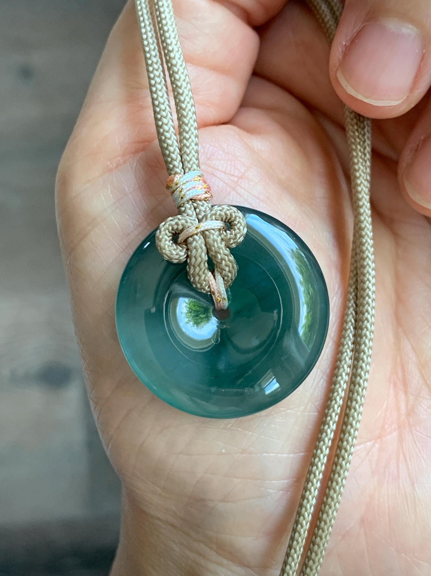 Natural Grade A Guatemalan Icy Translucent Dusty Teal Green Jade Jadeite Ping An Kou Donut Pendant Rope Necklace 25” 天然冰胶危蓝绿翡翠平安扣吊坠 WLP110B