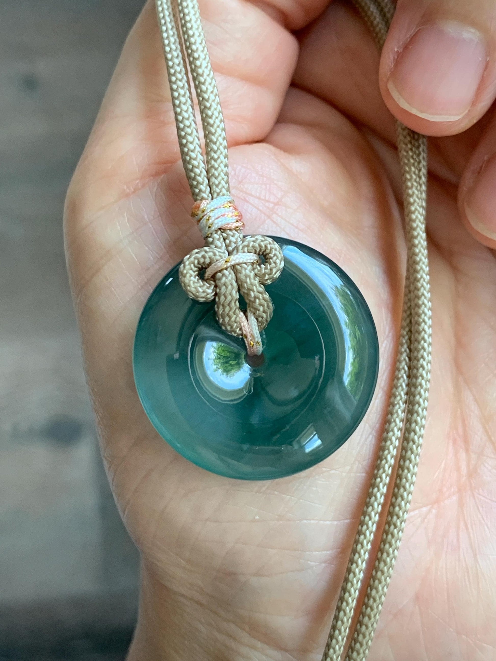 Natural Grade A Guatemalan Icy Translucent Dusty Teal Green Jade Jadeite Ping An Kou Donut Pendant Rope Necklace 25” 天然冰胶危蓝绿翡翠平安扣吊坠 WLP110B